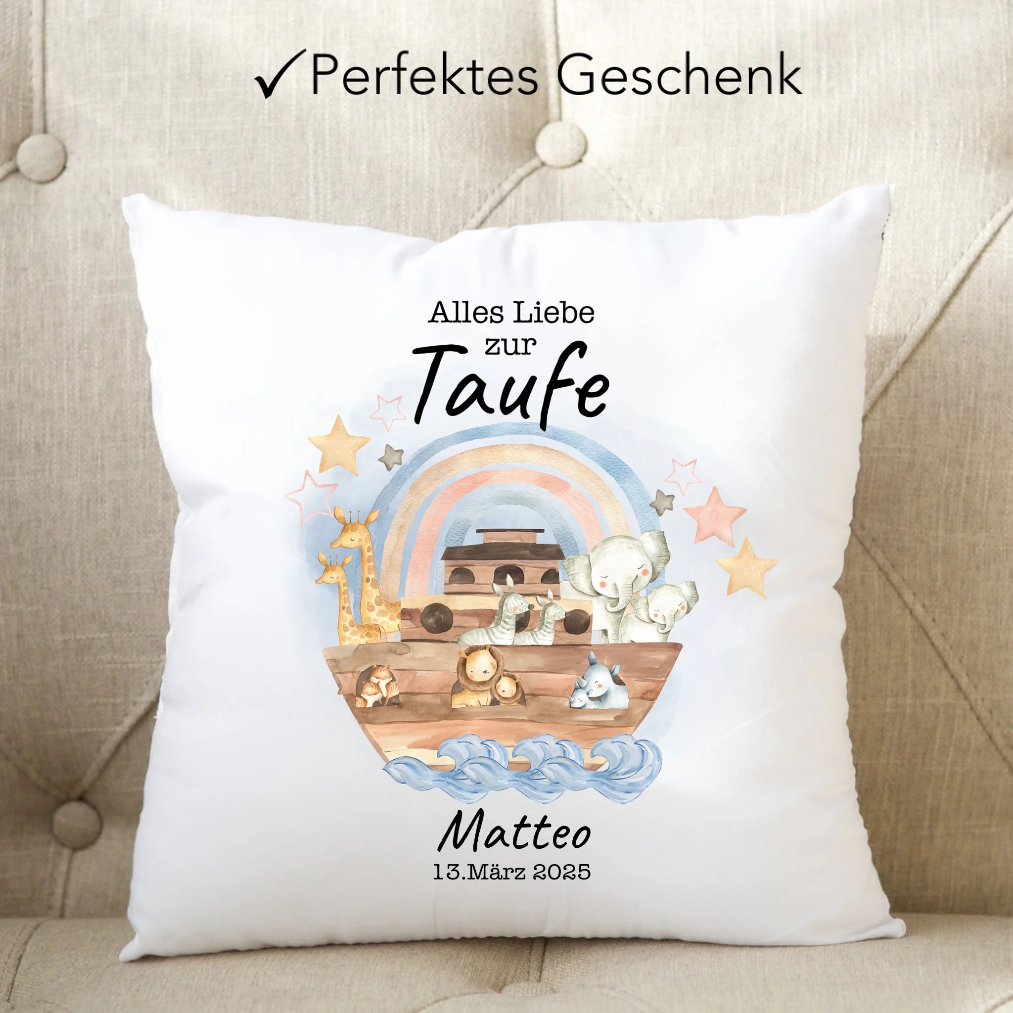 Kissen Taufe Personalisiert Arche Noah Junge Mädchen Taufgeschenk Patenkind Glückwünsche zur Taufe - Kissen inkl. Füllung