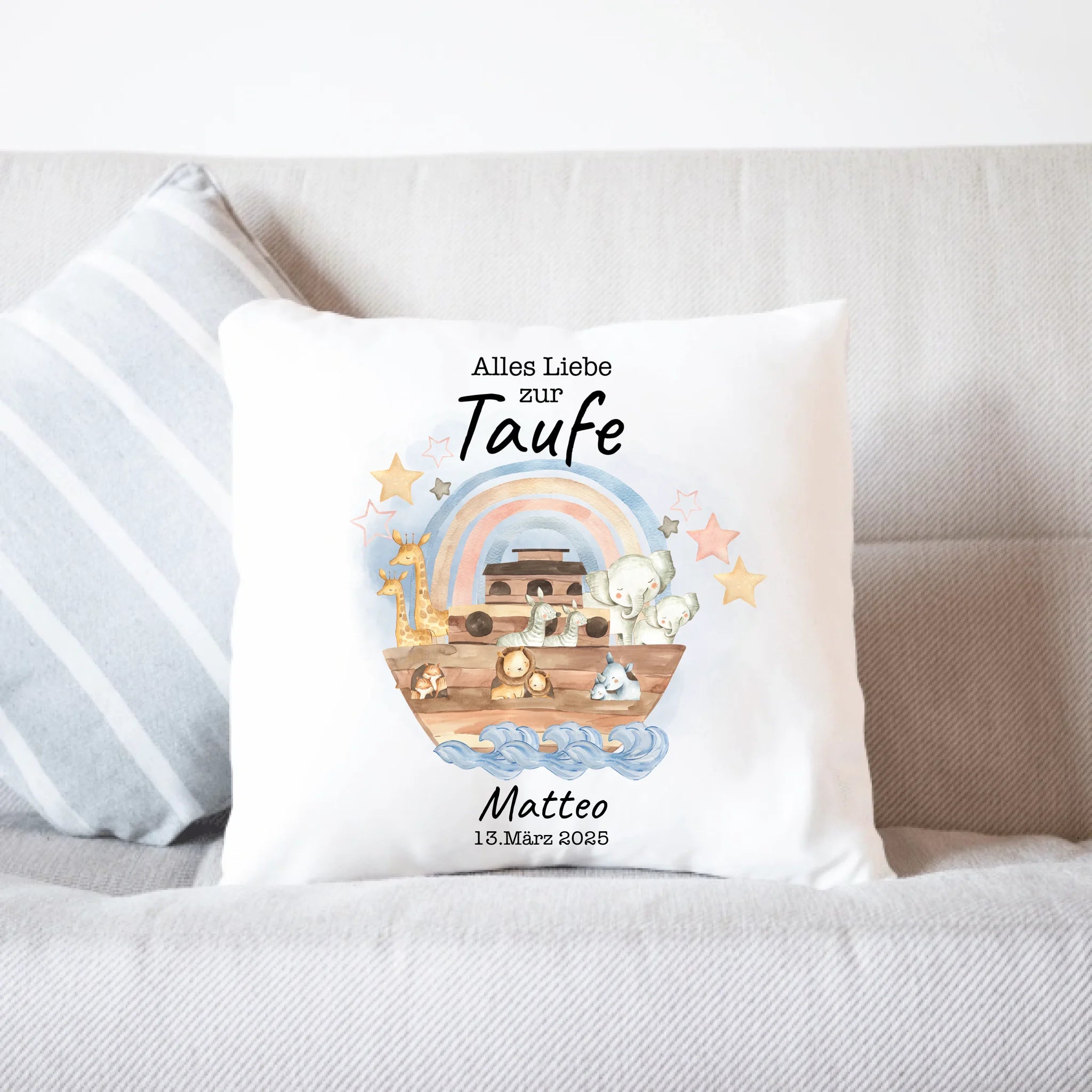 Kissen Taufe Personalisiert Arche Noah Junge Mädchen Taufgeschenk Patenkind Glückwünsche zur Taufe - Kissen inkl. Füllung