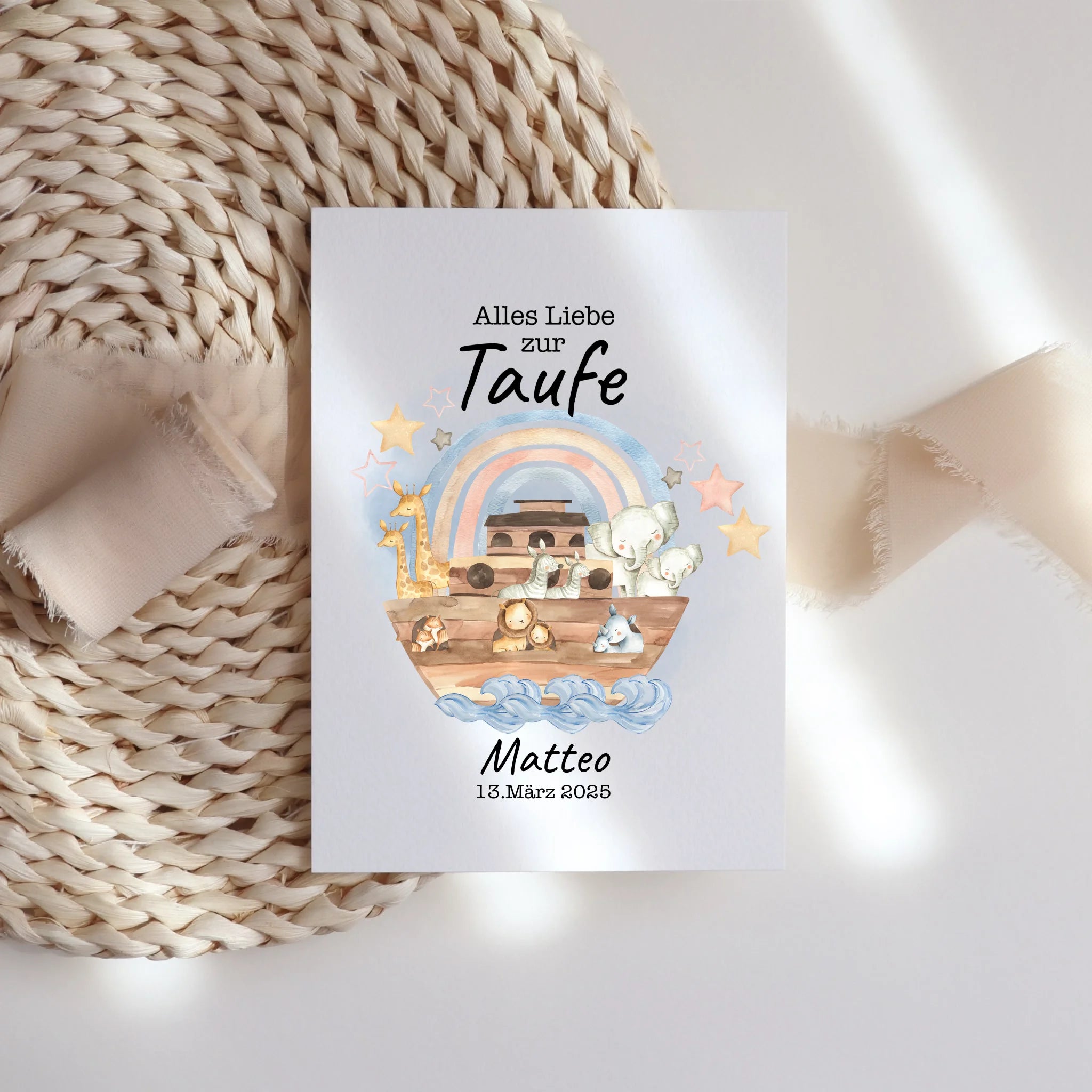 Karte Taufe Personalisiert Arche Noah Junge Mädchen Taufgeschenk, Grußkarte Personalisiert mit Name, Patenkind, Glückwünsche zur Taufe - Klappkarte mit Umschlag