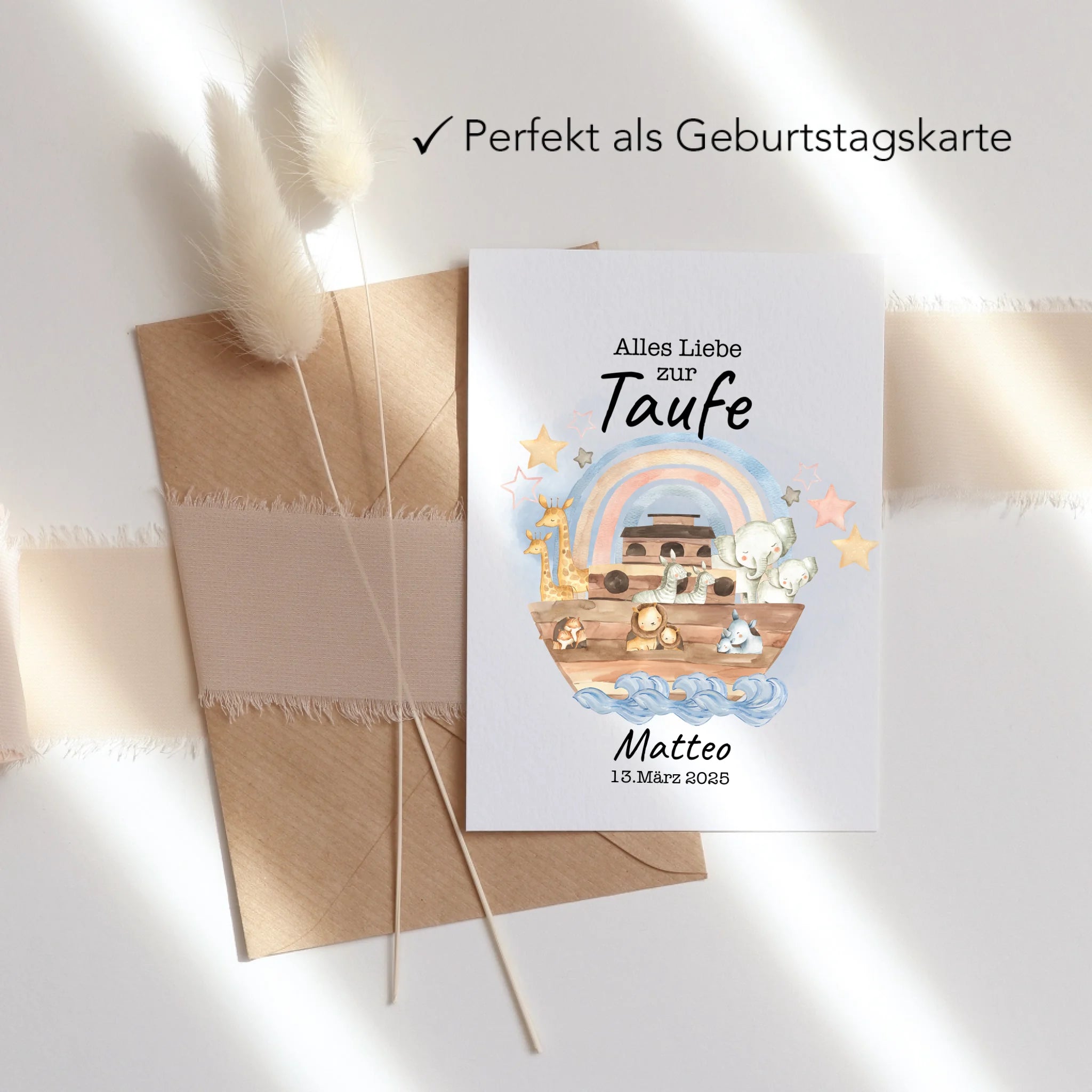 Karte Taufe Personalisiert Arche Noah Junge Mädchen Taufgeschenk, Grußkarte Personalisiert mit Name, Patenkind, Glückwünsche zur Taufe - Klappkarte mit Umschlag