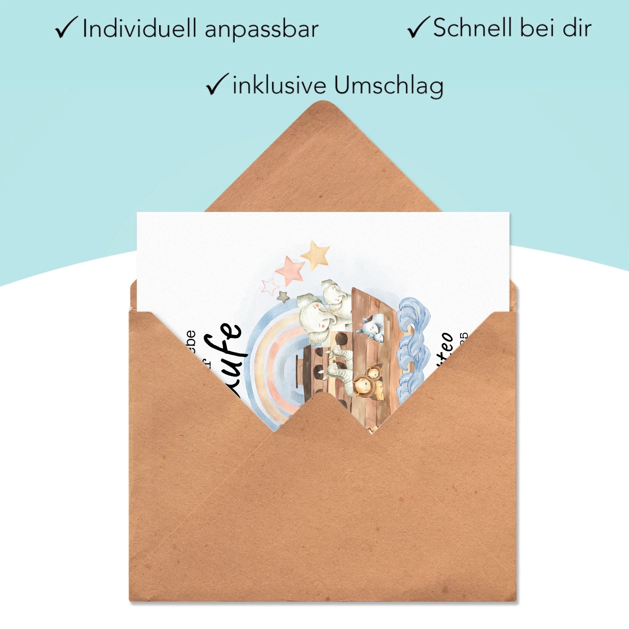Karte Taufe Personalisiert Arche Noah Junge Mädchen Taufgeschenk, Grußkarte Personalisiert mit Name, Patenkind, Glückwünsche zur Taufe - Klappkarte mit Umschlag