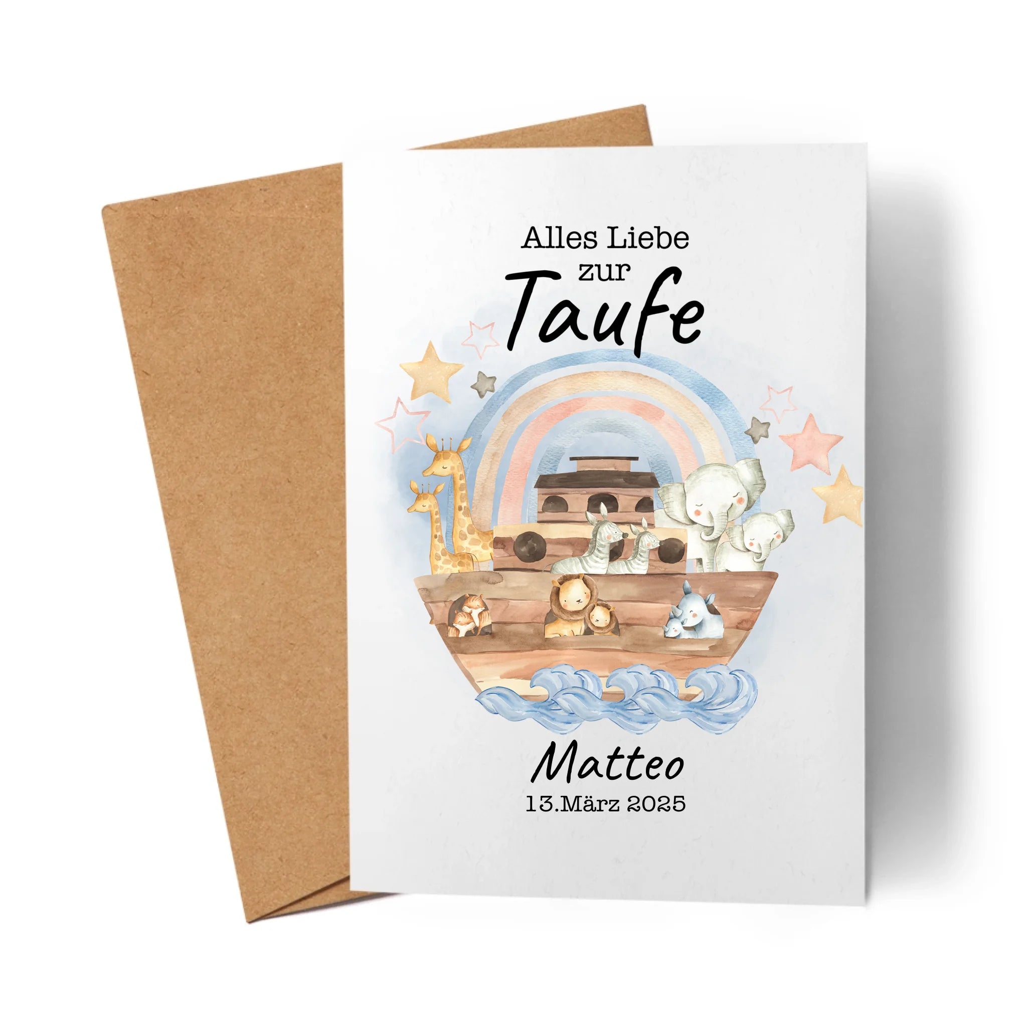 Karte Taufe Personalisiert Arche Noah Junge Mädchen Taufgeschenk, Grußkarte Personalisiert mit Name, Patenkind, Glückwünsche zur Taufe - Klappkarte mit Umschlag