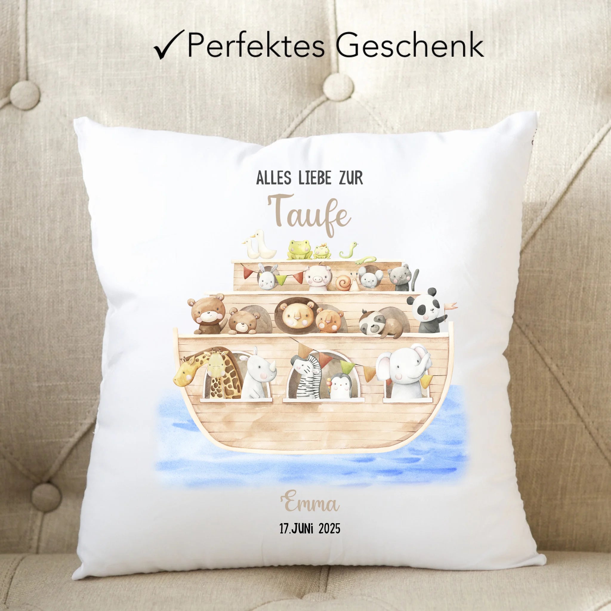Kissen Taufe Personalisiert Arche Noah Taufgeschenk Junge Mädchen Patenkind Glückwünsche zur Taufe Geschenk zur Taufe - Kissen inkl. Füllung