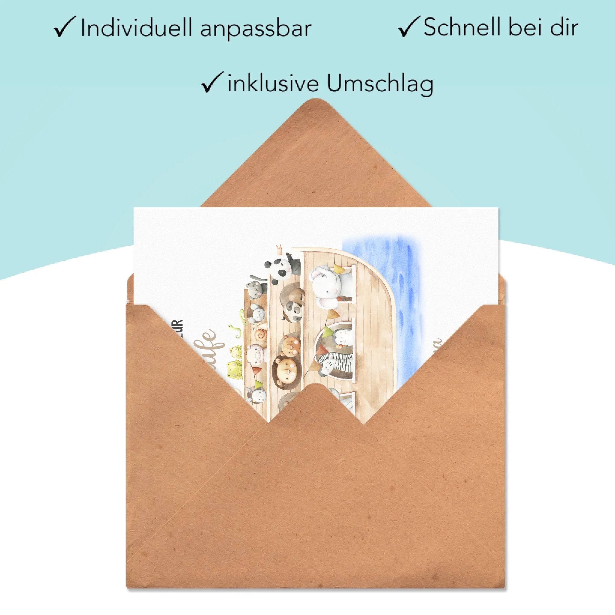 Karte Taufe Personalisiert Arche Noah Taufgeschenk, Grußkarte Personalisiert mit Name, Patenkind Glückwünsche zur Taufe Geschenk zur Taufe - Klappkarte mit Umschlag