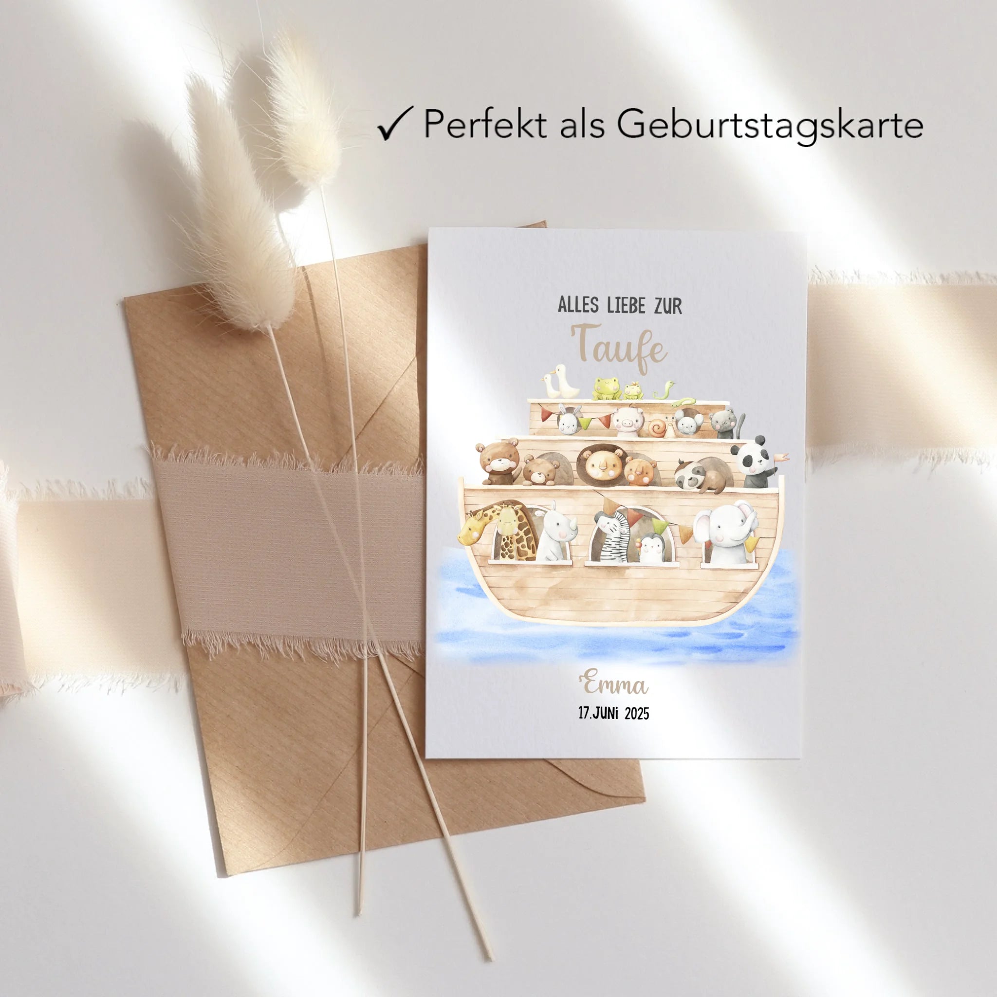 Karte Taufe Personalisiert Arche Noah Taufgeschenk, Grußkarte Personalisiert mit Name, Patenkind Glückwünsche zur Taufe Geschenk zur Taufe - Klappkarte mit Umschlag