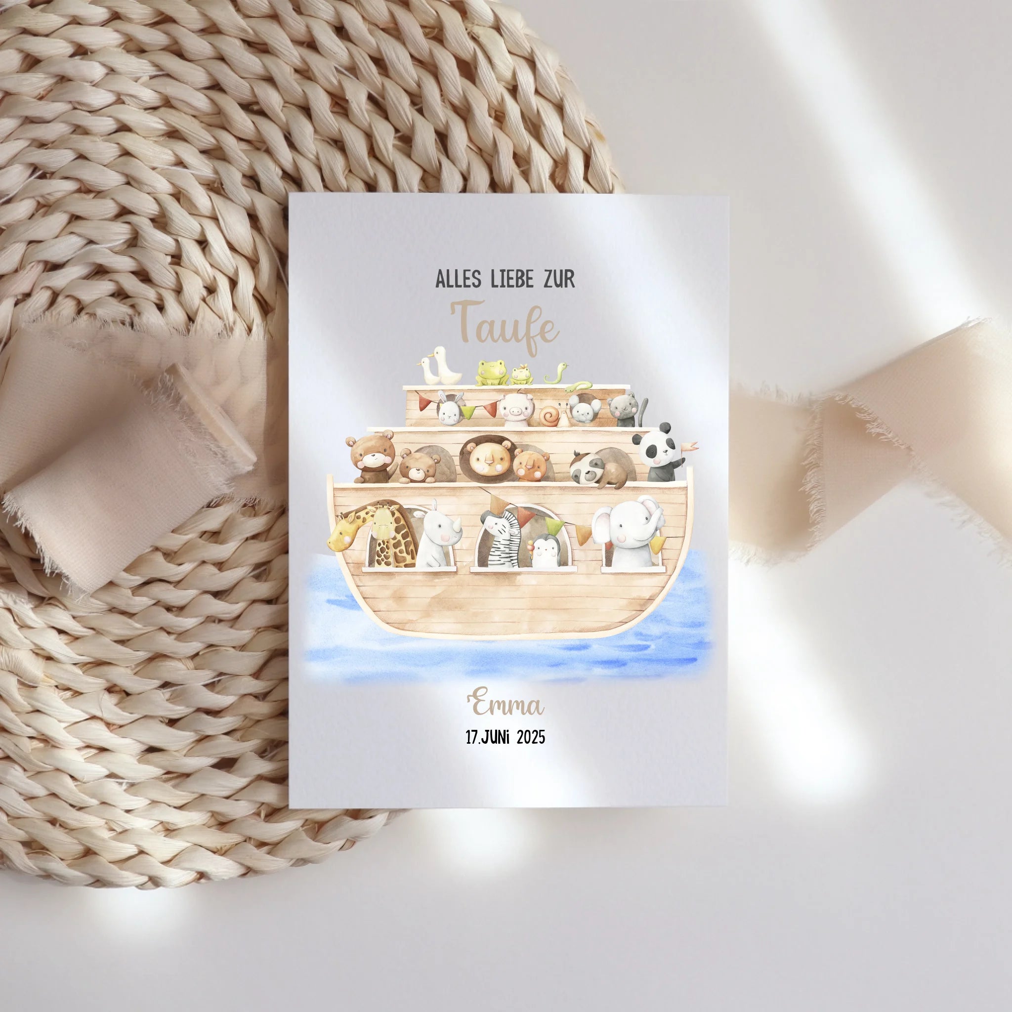 Karte Taufe Personalisiert Arche Noah Taufgeschenk, Grußkarte Personalisiert mit Name, Patenkind Glückwünsche zur Taufe Geschenk zur Taufe - Klappkarte mit Umschlag