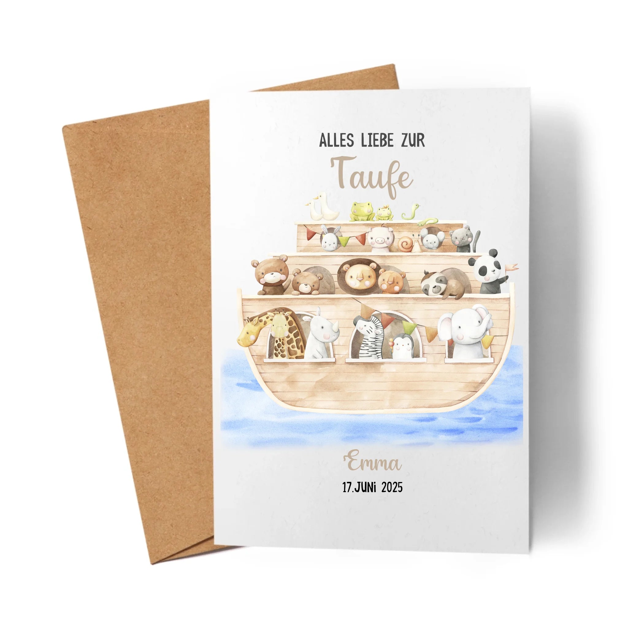 Karte Taufe Personalisiert Arche Noah Taufgeschenk, Grußkarte Personalisiert mit Name, Patenkind Glückwünsche zur Taufe Geschenk zur Taufe - Klappkarte mit Umschlag