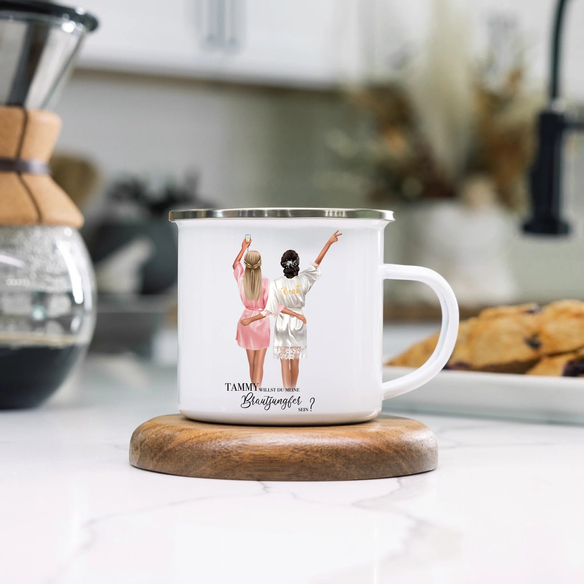 Tasse Brautjungfer Geschenk, Braut Frage & Danke, Willst du meine Trauzeugin sein, Personalisiert mit Name - Geschenk Freundinnen - Emaille Tasse