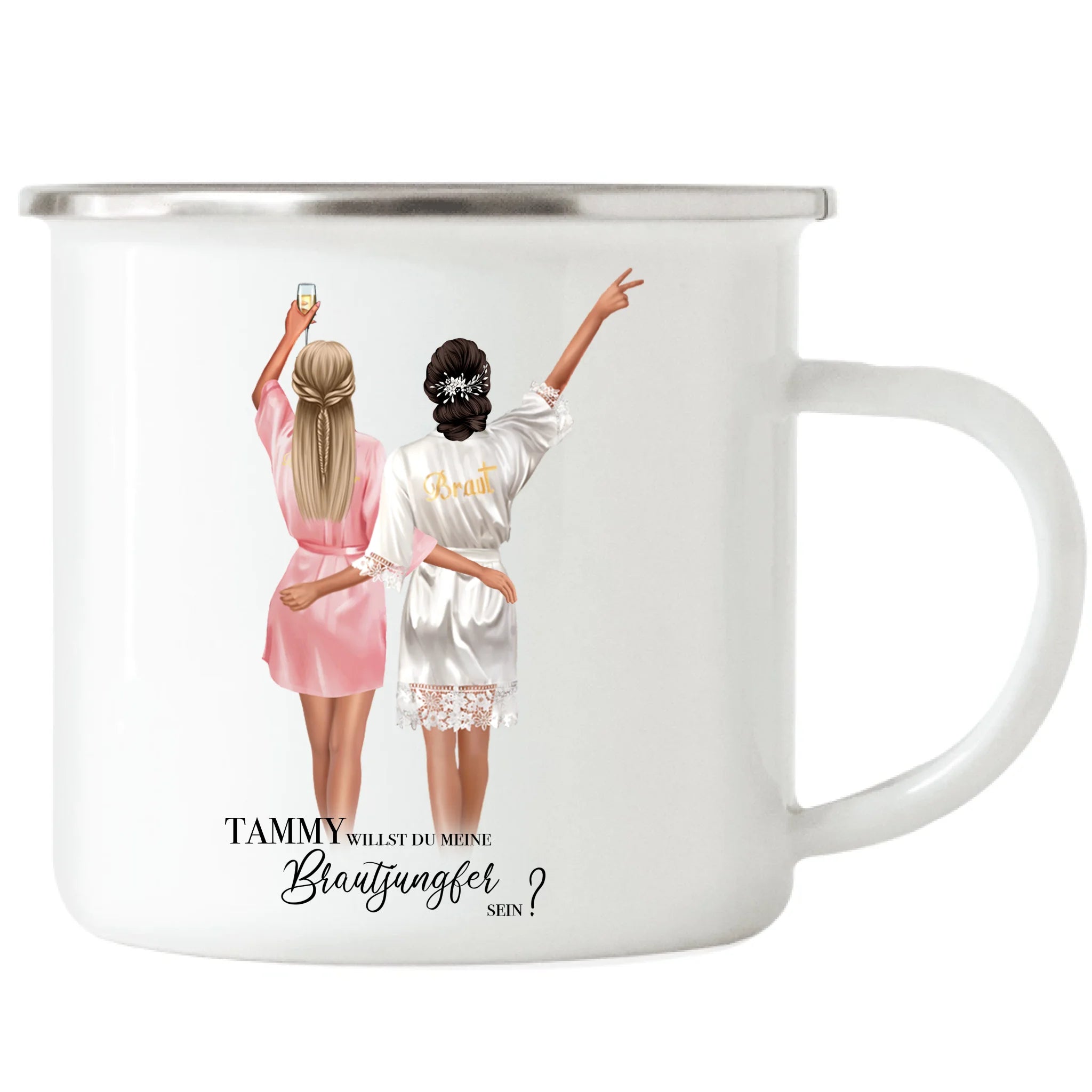 Tasse Brautjungfer Geschenk, Braut Frage & Danke, Willst du meine Trauzeugin sein, Personalisiert mit Name - Geschenk Freundinnen - Emaille Tasse