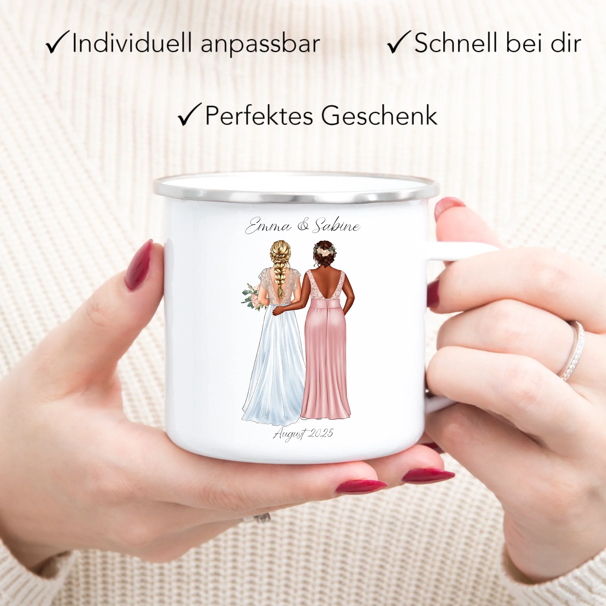 Tasse Trauzeugin Personalisiert mit Name der Braut & Brautjungfer, Frage & Danke-Geschenk für Freundinnen Dankeschön Brautparty & Brautjungfern JGA - Emaille Tasse