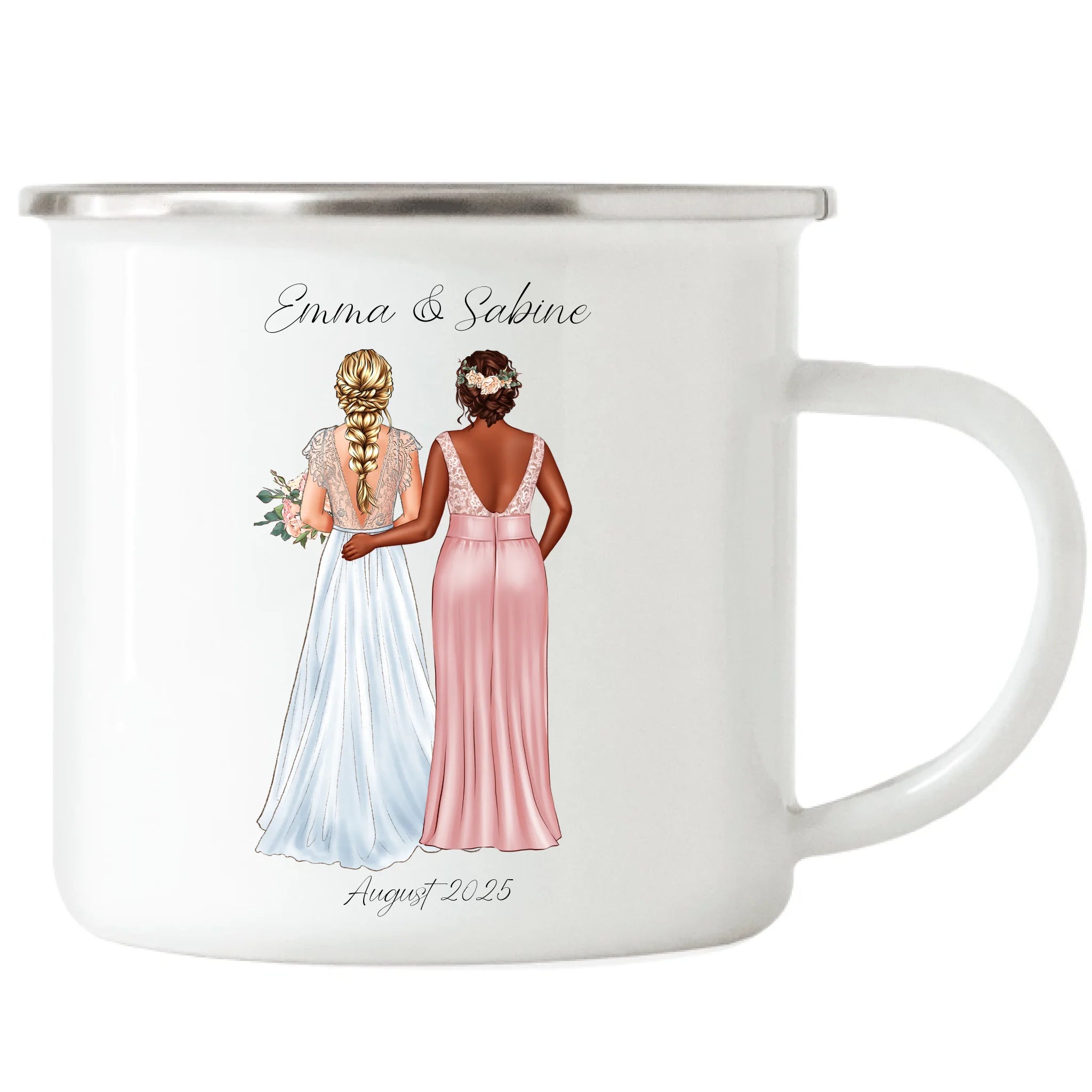 Tasse Trauzeugin Personalisiert mit Name der Braut & Brautjungfer, Frage & Danke-Geschenk für Freundinnen Dankeschön Brautparty & Brautjungfern JGA - Emaille Tasse