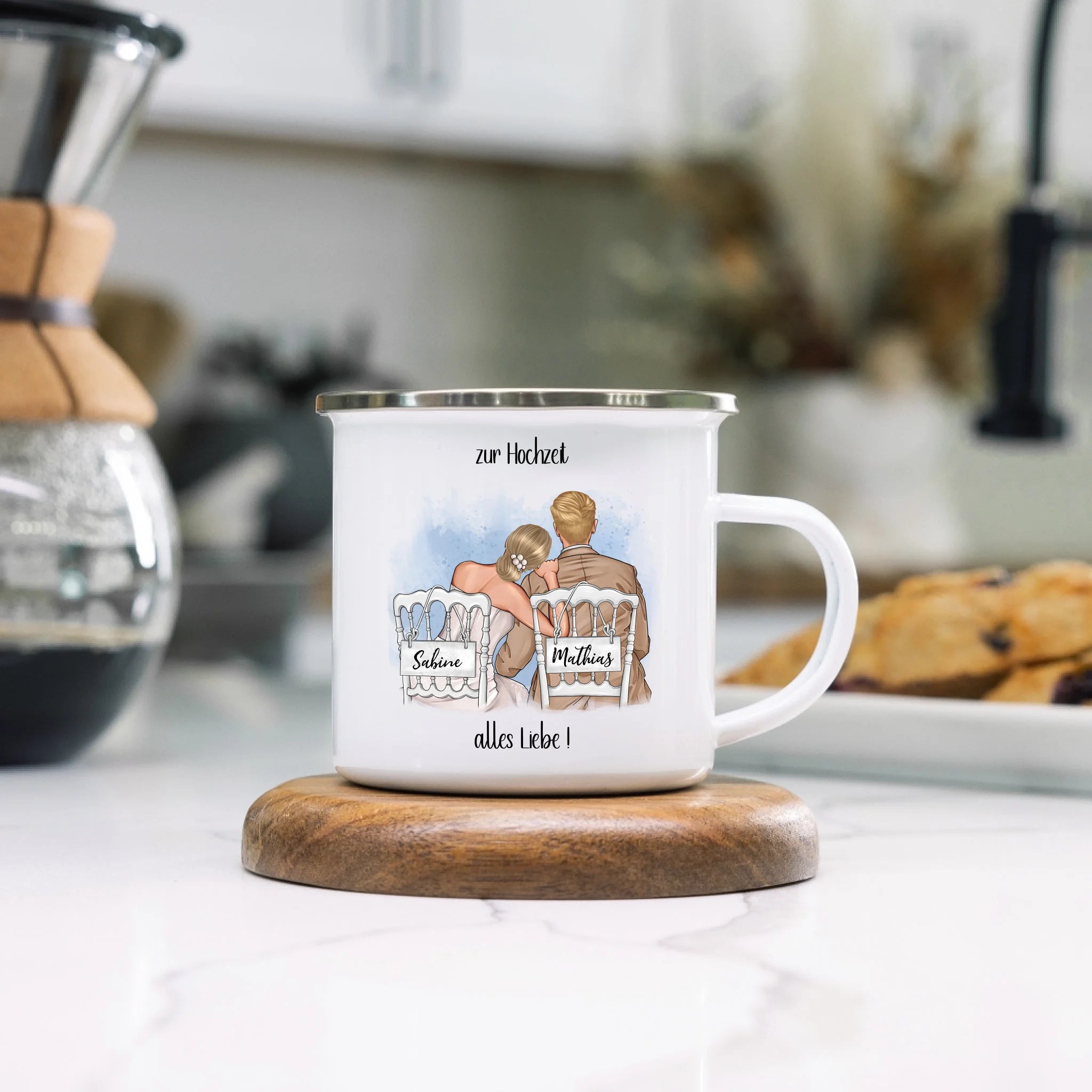 Tasse zur Hochzeit, Personalisiert mit Namen, Brautpaar Geschenkidee Paar Hochzeitstag Hochzeitsgeschenk Heirat Paar - Emaille Tasse