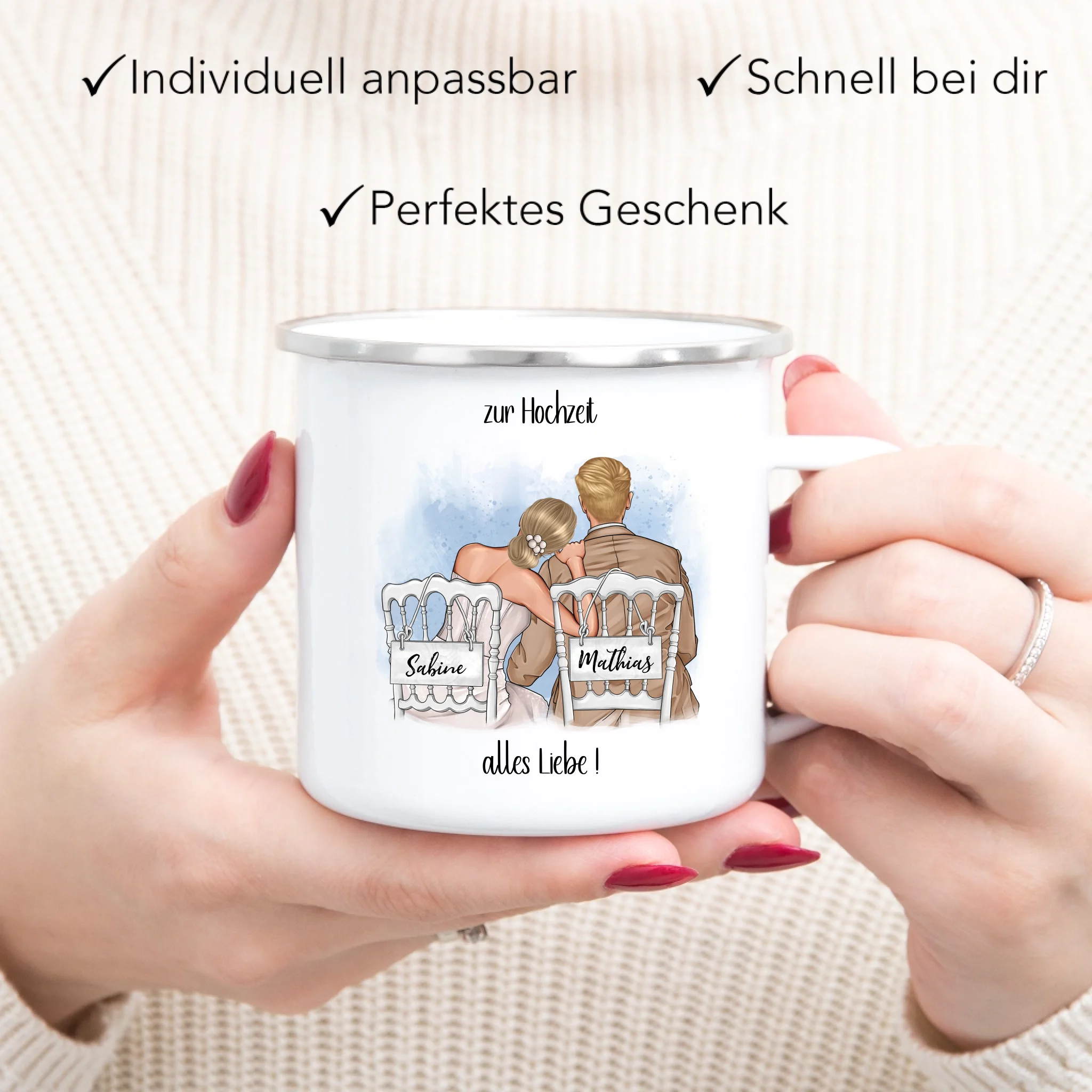 Tasse zur Hochzeit, Personalisiert mit Namen, Brautpaar Geschenkidee Paar Hochzeitstag Hochzeitsgeschenk Heirat Paar - Emaille Tasse