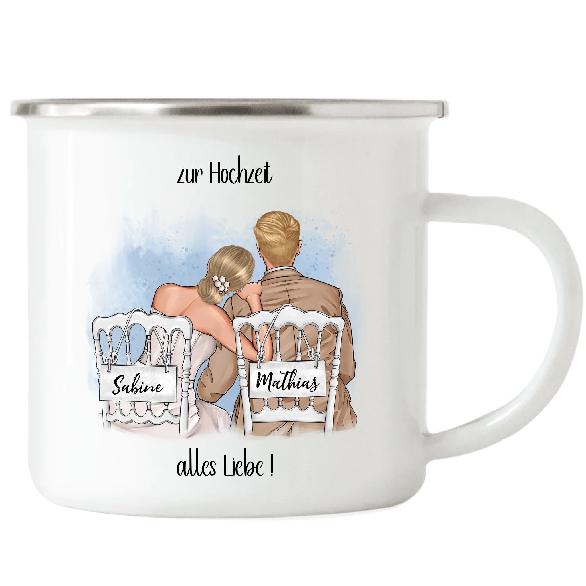 Tasse zur Hochzeit, Personalisiert mit Namen, Brautpaar Geschenkidee Paar Hochzeitstag Hochzeitsgeschenk Heirat Paar - Emaille Tasse