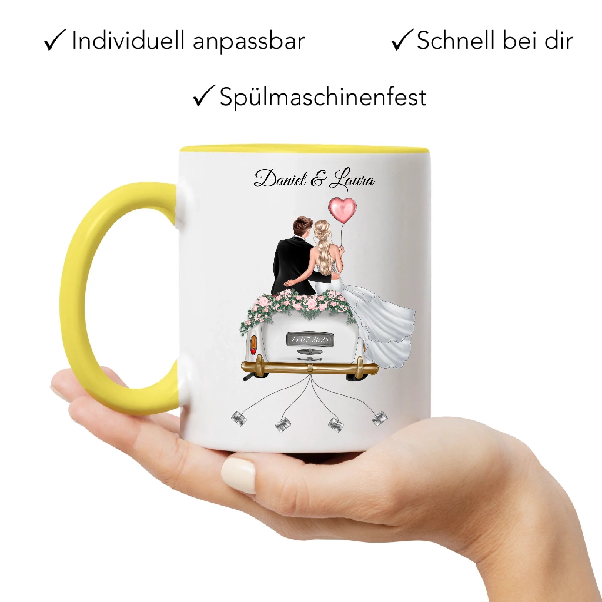 Tasse Hochzeitsgeschenk mit Namen und Brautpaar, Geschenkidee zur Hochzeit Personalisiert, Hochzeitstag, Heirat, Paar