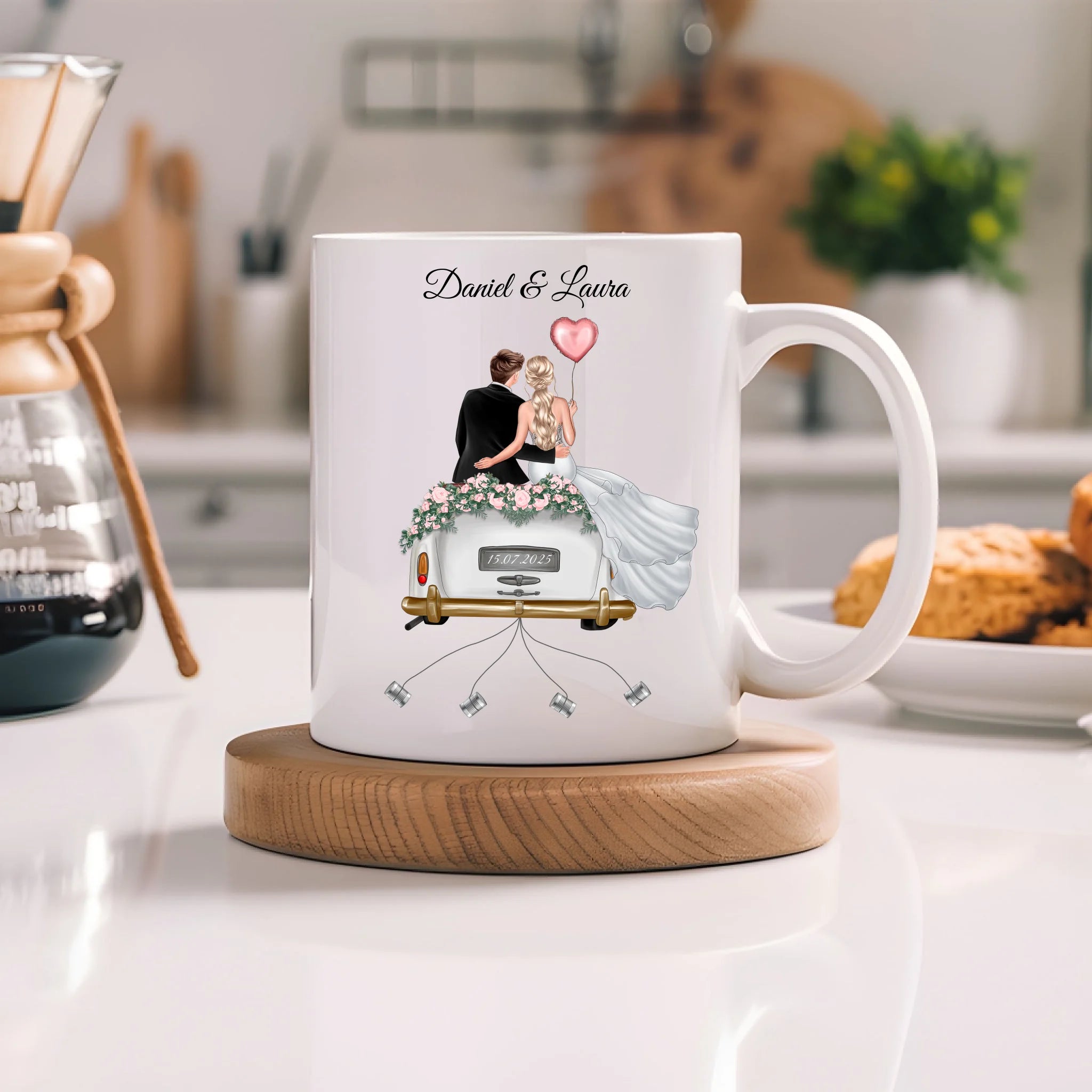 Tasse Hochzeitsgeschenk mit Namen und Brautpaar, Geschenkidee zur Hochzeit Personalisiert, Hochzeitstag, Heirat, Paar