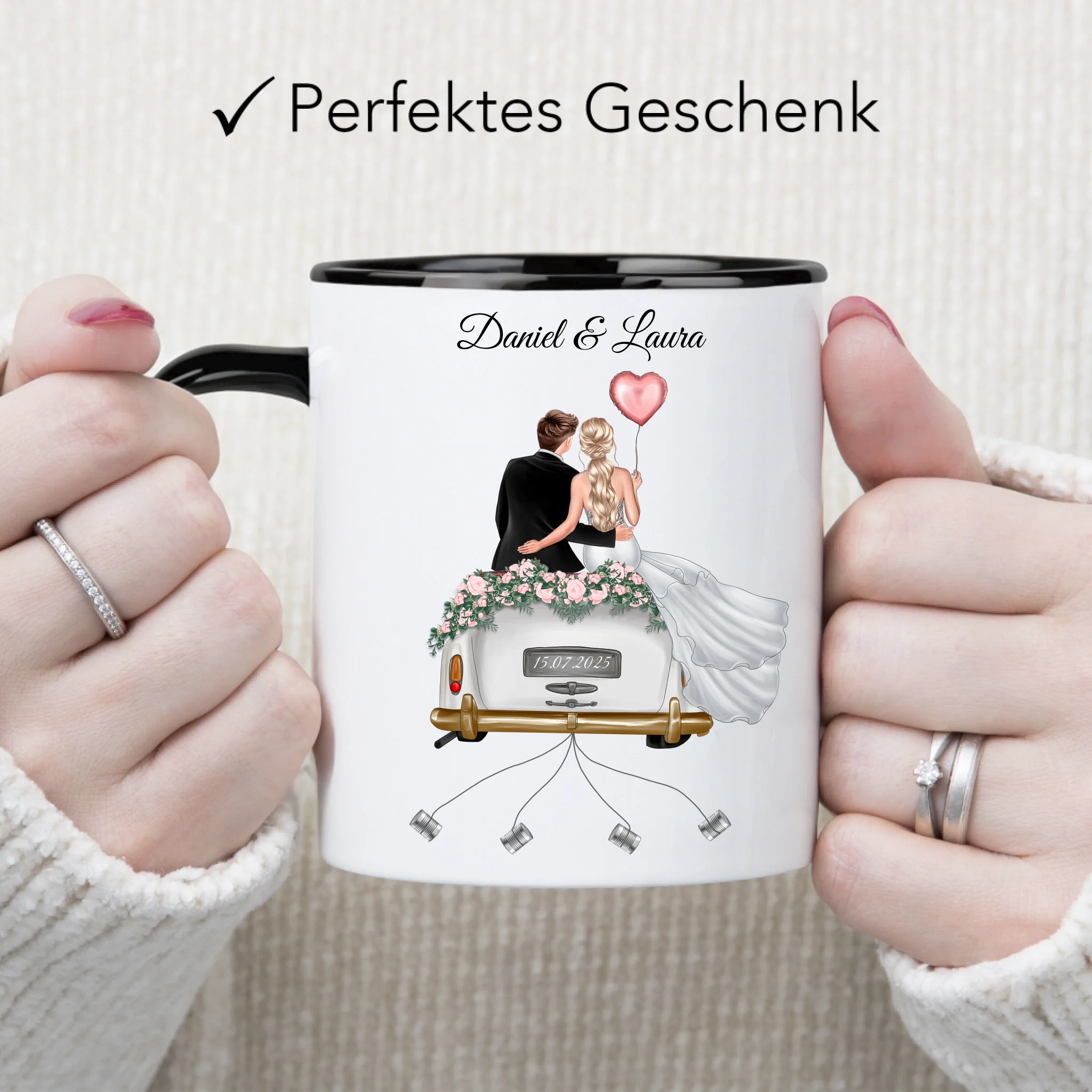 Tasse Hochzeitsgeschenk mit Namen und Brautpaar, Geschenkidee zur Hochzeit Personalisiert, Hochzeitstag, Heirat, Paar