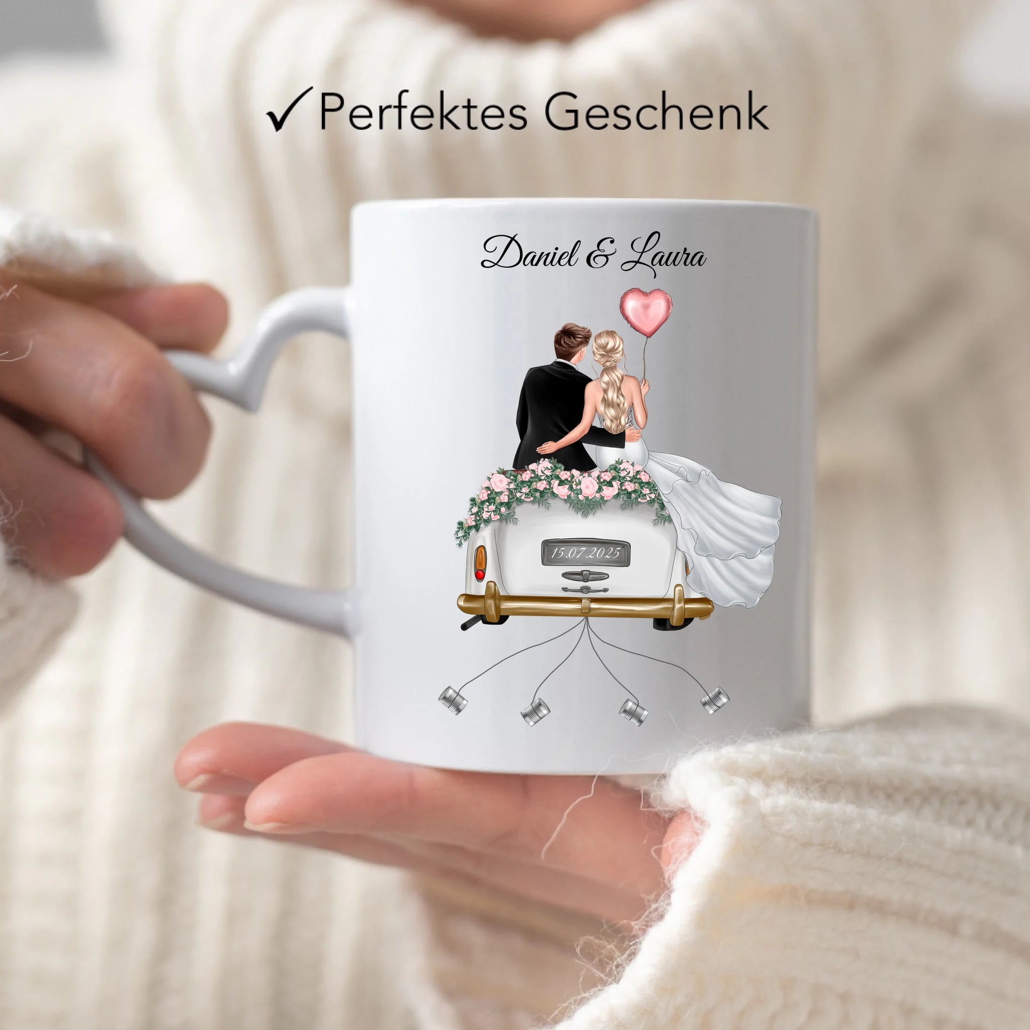 Tasse Hochzeitsgeschenk mit Namen und Brautpaar, Geschenkidee zur Hochzeit Personalisiert, Hochzeitstag, Heirat, Paar