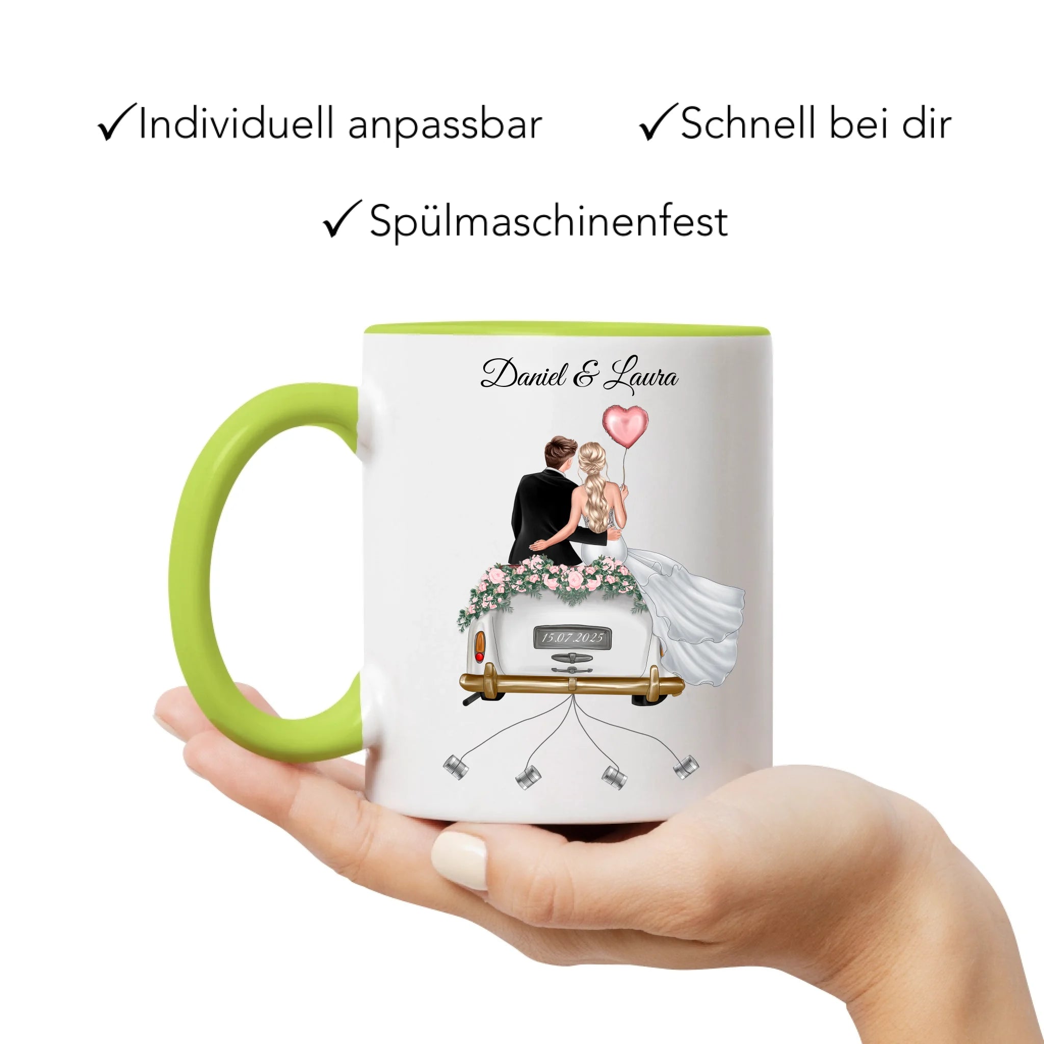 Tasse Hochzeitsgeschenk mit Namen und Brautpaar, Geschenkidee zur Hochzeit Personalisiert, Hochzeitstag, Heirat, Paar