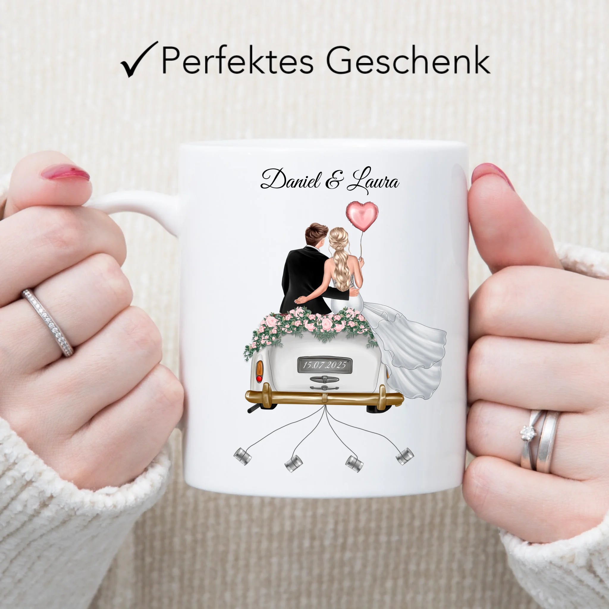 Tasse Hochzeitsgeschenk mit Namen und Brautpaar, Geschenkidee zur Hochzeit Personalisiert, Hochzeitstag, Heirat, Paar
