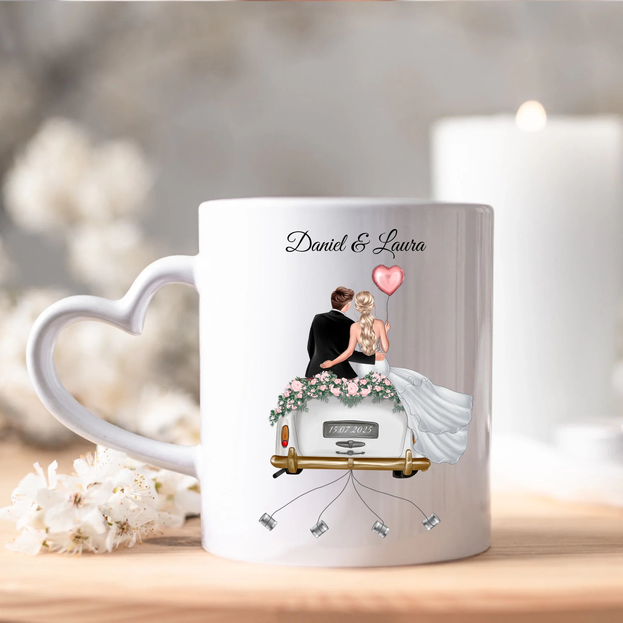 Tasse Hochzeitsgeschenk mit Namen und Brautpaar, Geschenkidee zur Hochzeit Personalisiert, Hochzeitstag, Heirat, Paar