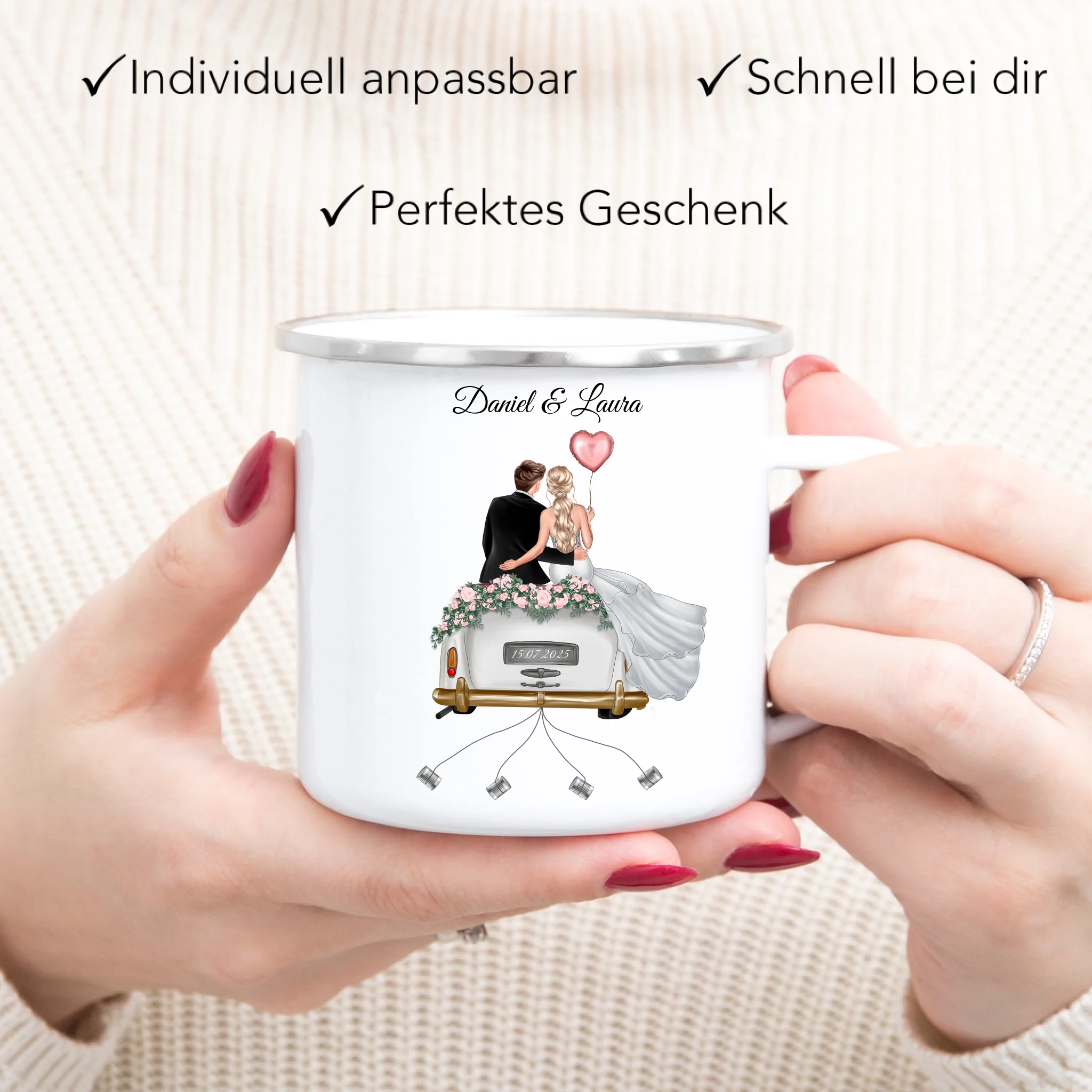 Tasse Hochzeitsgeschenk mit Namen und Brautpaar, Geschenkidee zur Hochzeit Personalisiert, Hochzeitstag, Heirat, Paar - Emaille Tasse