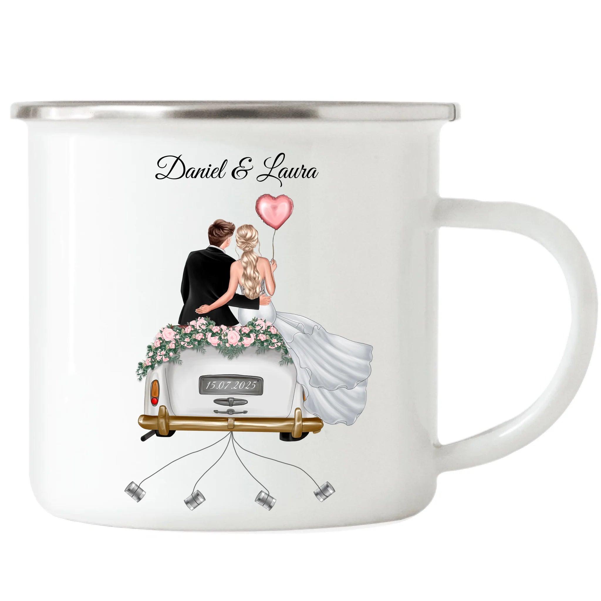 Tasse Hochzeitsgeschenk mit Namen und Brautpaar, Geschenkidee zur Hochzeit Personalisiert, Hochzeitstag, Heirat, Paar - Emaille Tasse