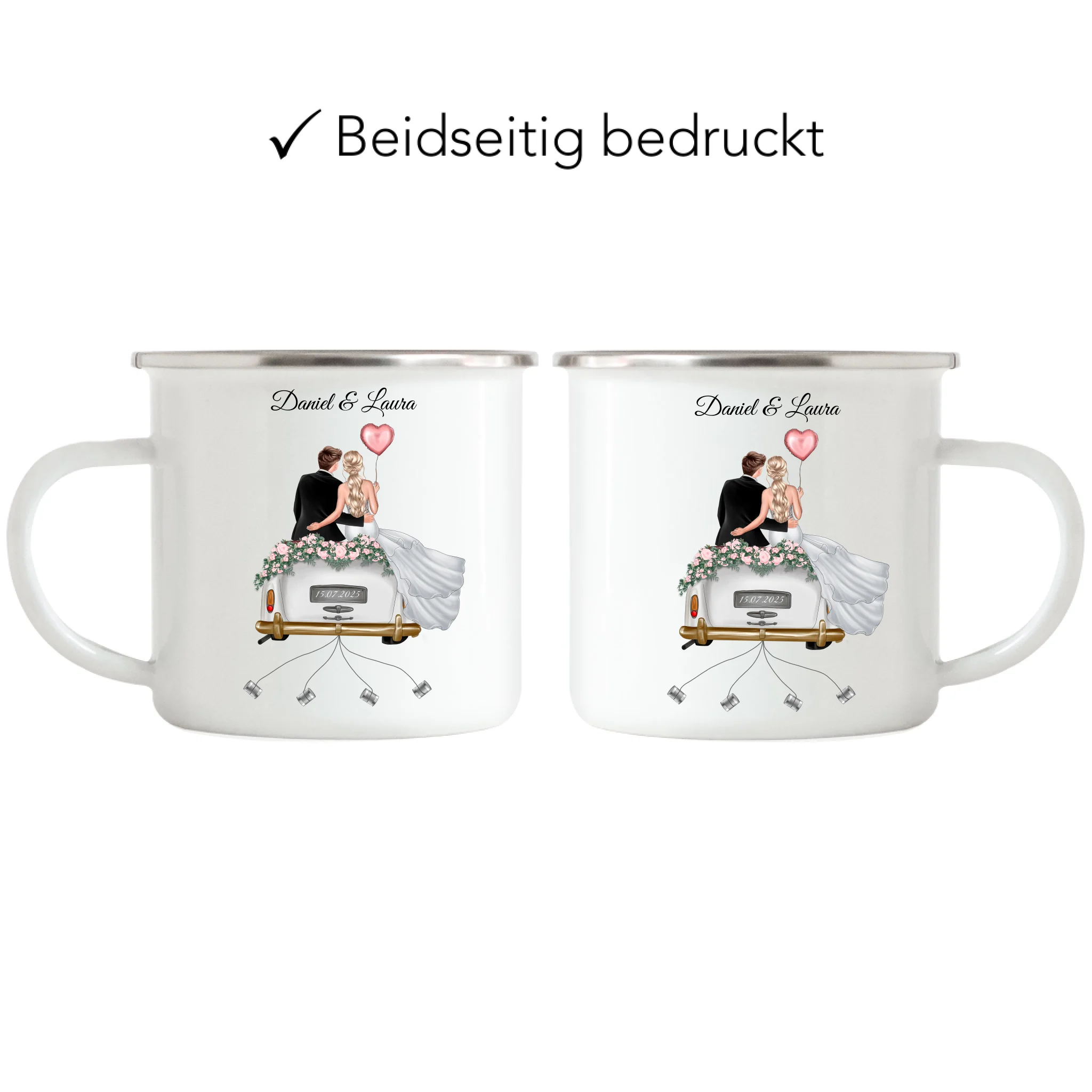 Tasse Hochzeitsgeschenk mit Namen und Brautpaar, Geschenkidee zur Hochzeit Personalisiert, Hochzeitstag, Heirat, Paar - Emaille Tasse