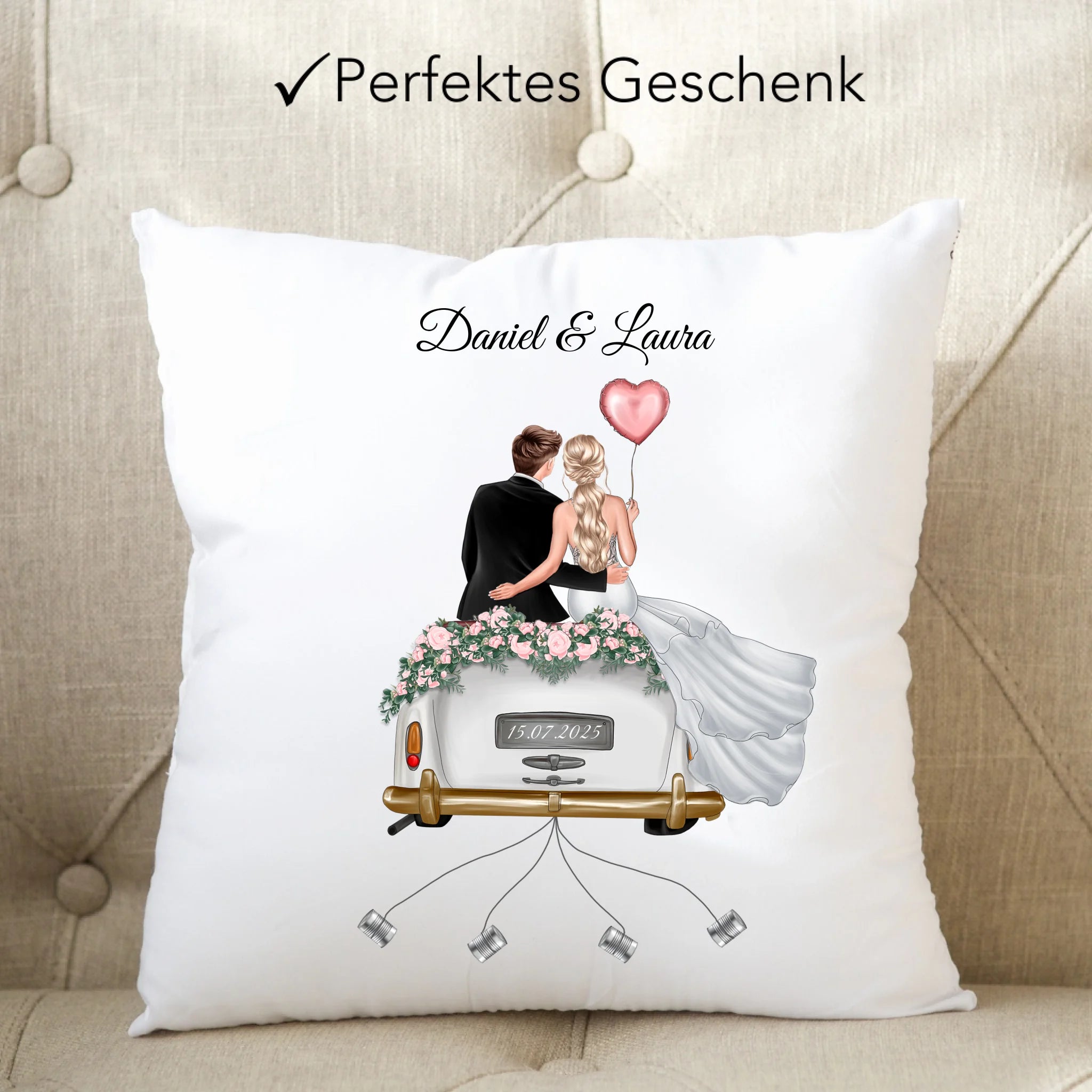 Kissen Hochzeitsgeschenk mit Namen und Brautpaar, Geschenkidee zur Hochzeit Personalisiert, Hochzeitstag, Heirat, Paar - Kissen inkl. Füllung