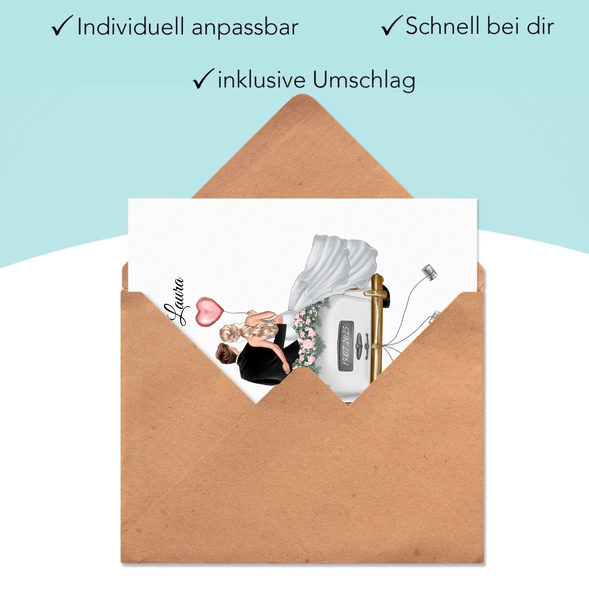 Karte Hochzeitsgeschenk mit Namen und Brautpaar, Geldgeschenk zur Hochzeit Personalisiert, Hochzeitstag, Heirat, Paar - Klappkarte mit Umschlag
