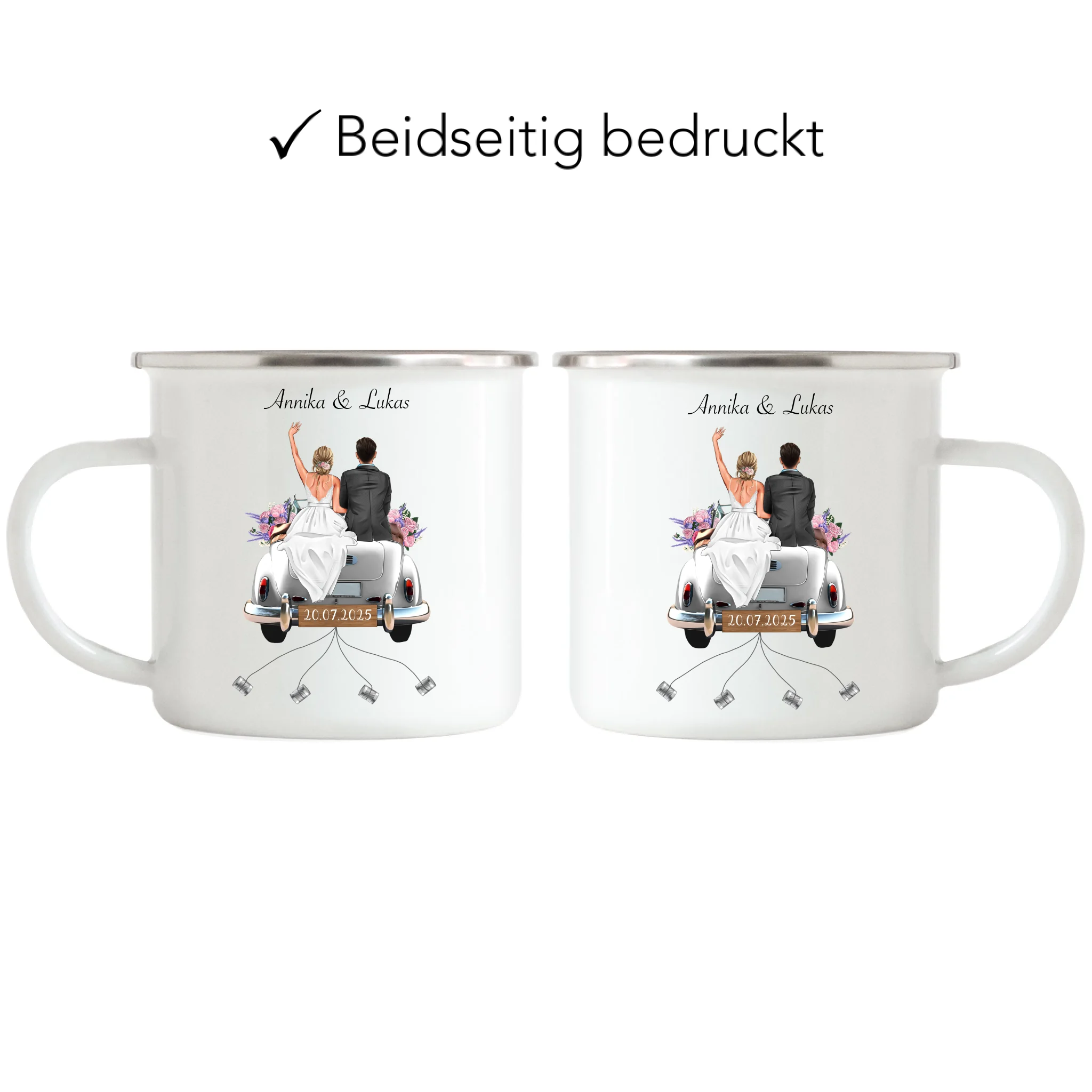 Tasse Geschenkidee zur Hochzeit Personalisiert, Hochzeitsgeschenk mit Namen und Brautpaar, Hochzeitstag, Heirat, Paar - Emaille Tasse