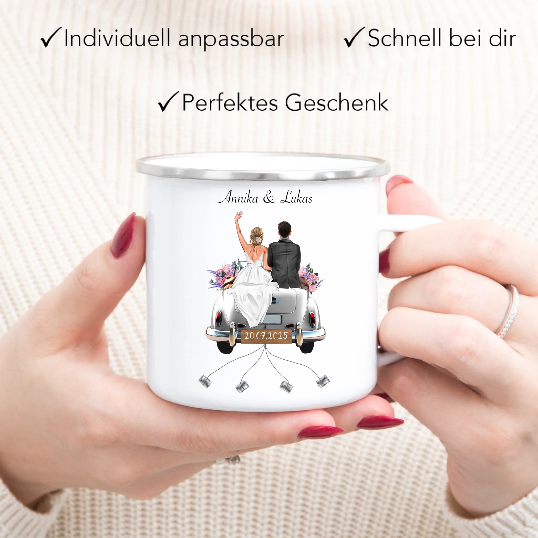 Tasse Geschenkidee zur Hochzeit Personalisiert, Hochzeitsgeschenk mit Namen und Brautpaar, Hochzeitstag, Heirat, Paar - Emaille Tasse
