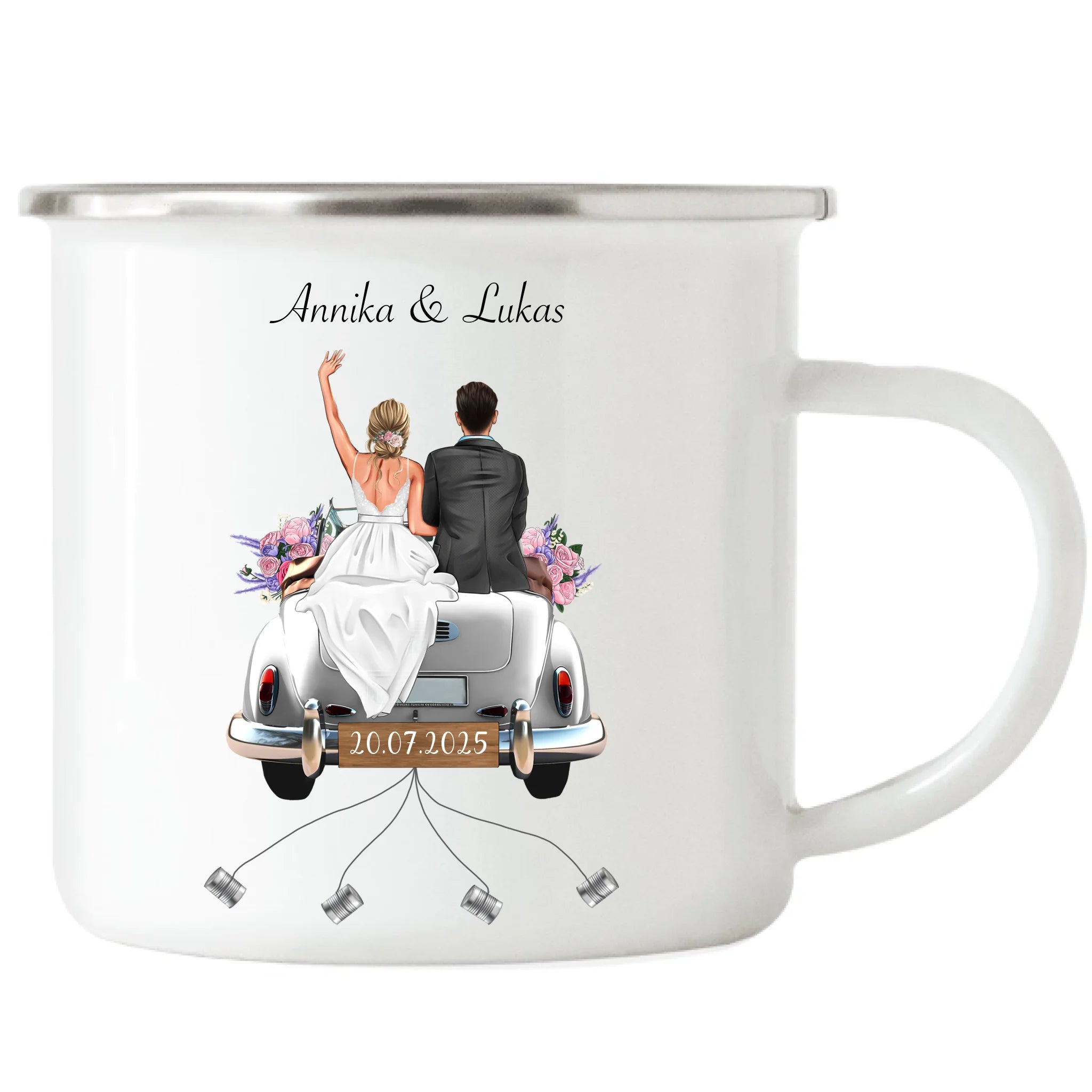 Tasse Geschenkidee zur Hochzeit Personalisiert, Hochzeitsgeschenk mit Namen und Brautpaar, Hochzeitstag, Heirat, Paar - Emaille Tasse