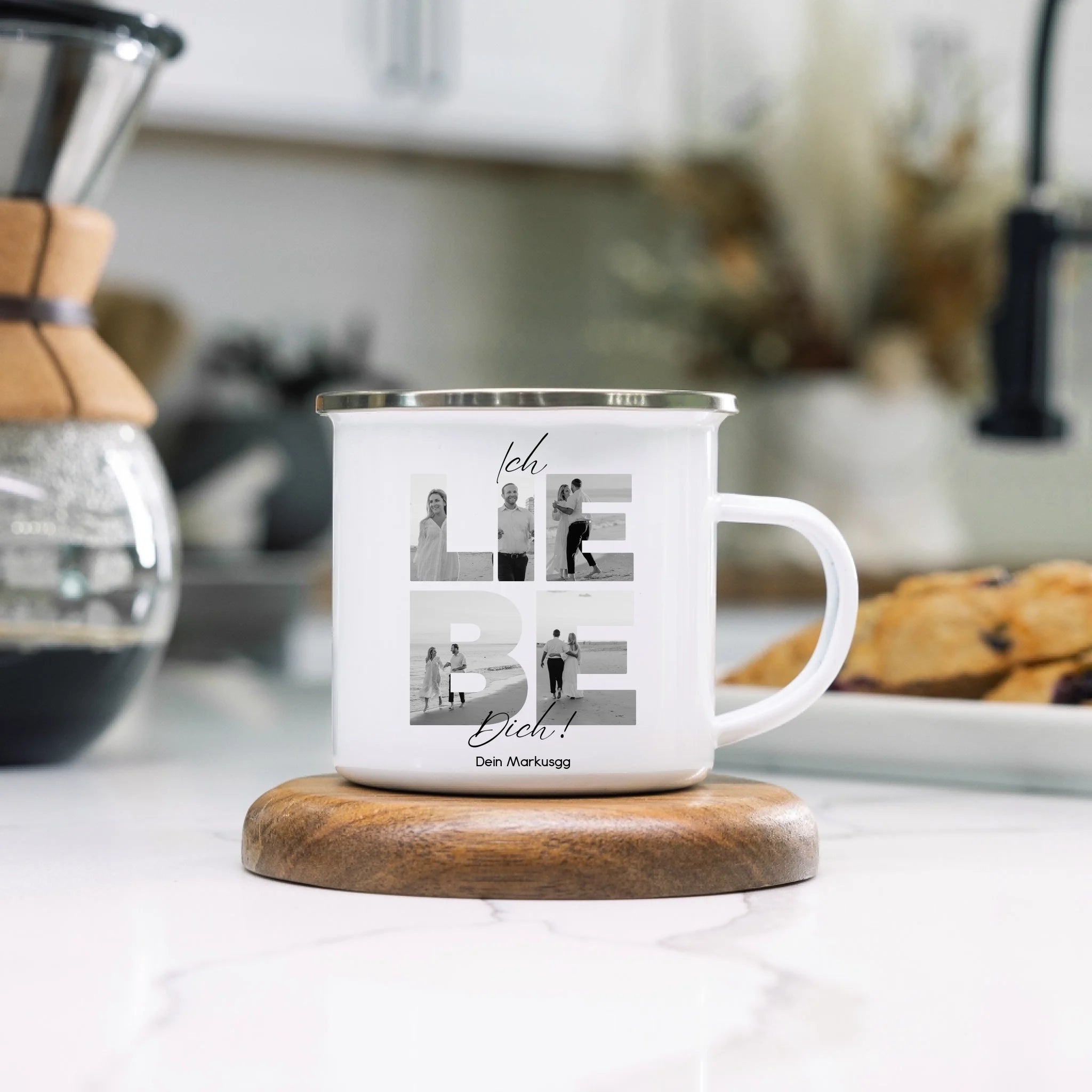 Tasse "Ich Liebe Dich" mit Fotos, Geschenkidee zum Valentinstag, Hochzeit, Jahrestag, Fototasse mit eigenen Bildern, Personalisiert, Geburtstag Paar Pärchen Partner, Liebesgeschenk - Emaille Tasse