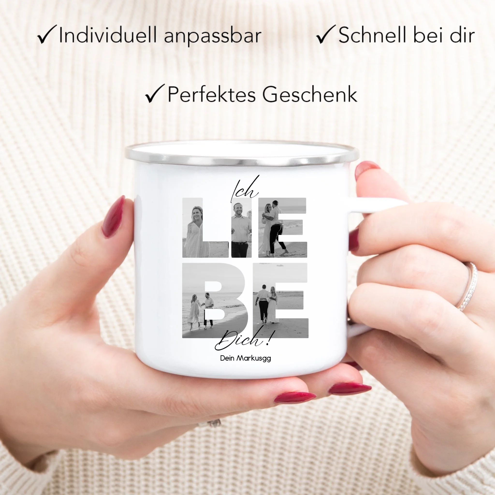 Tasse "Ich Liebe Dich" mit Fotos, Geschenkidee zum Valentinstag, Hochzeit, Jahrestag, Fototasse mit eigenen Bildern, Personalisiert, Geburtstag Paar Pärchen Partner, Liebesgeschenk - Emaille Tasse