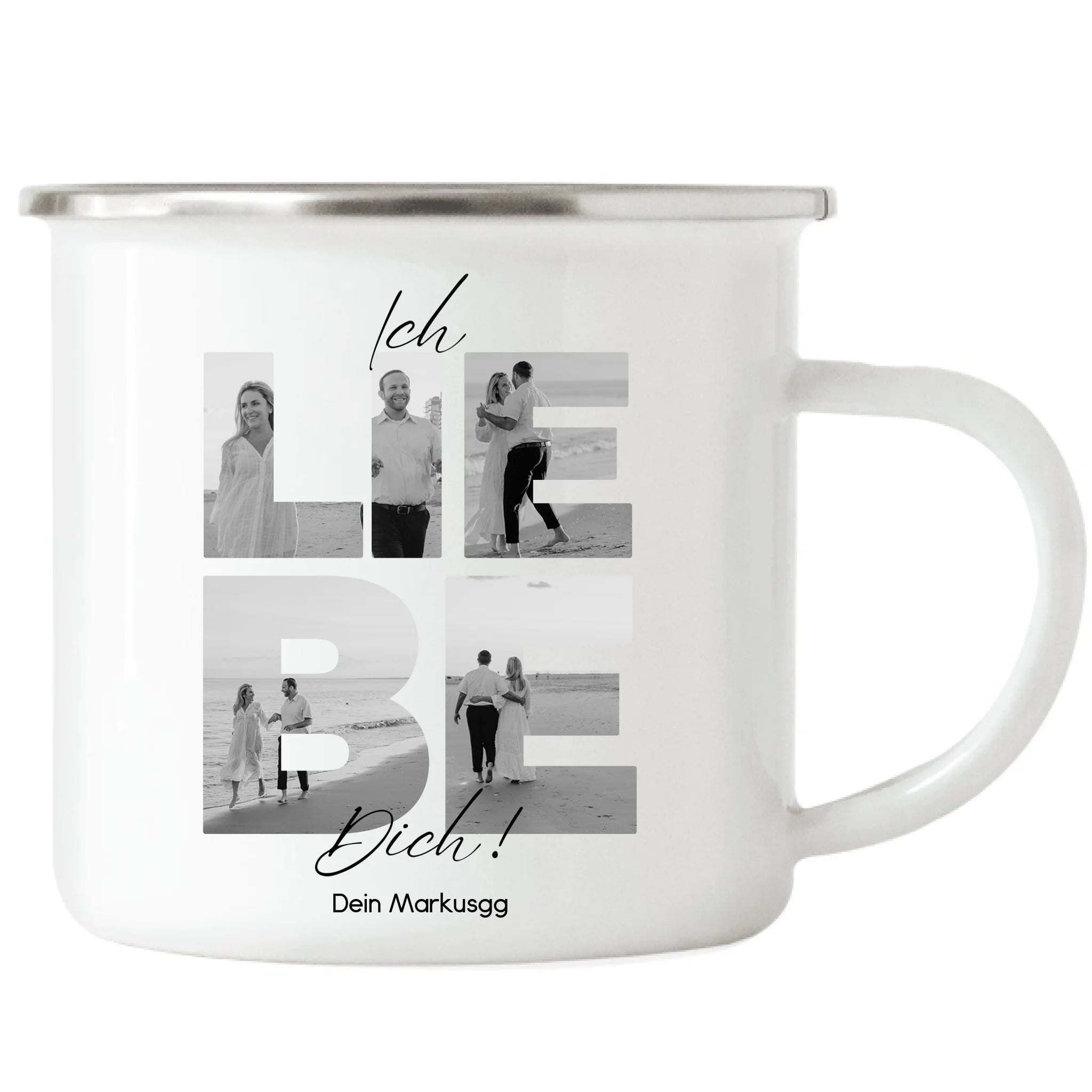 Tasse "Ich Liebe Dich" mit Fotos, Geschenkidee zum Valentinstag, Hochzeit, Jahrestag, Fototasse mit eigenen Bildern, Personalisiert, Geburtstag Paar Pärchen Partner, Liebesgeschenk - Emaille Tasse