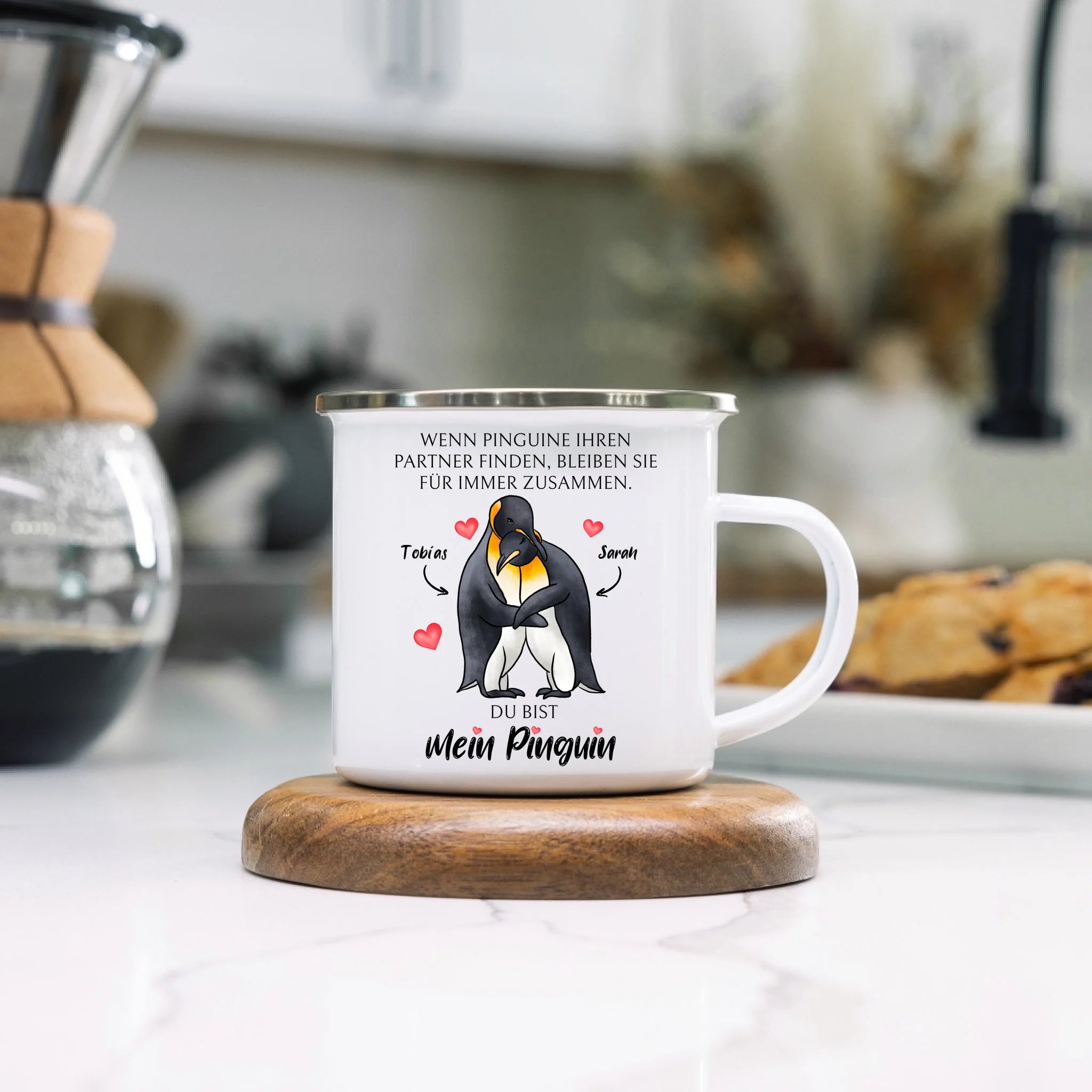 Tasse zum Valentinstag, Personalisiert Geschenk Valentinstag "Wenn Pinguine ihren Partner finden" Geschenk Jahrestag Paar Pärchen - Emaille Tasse