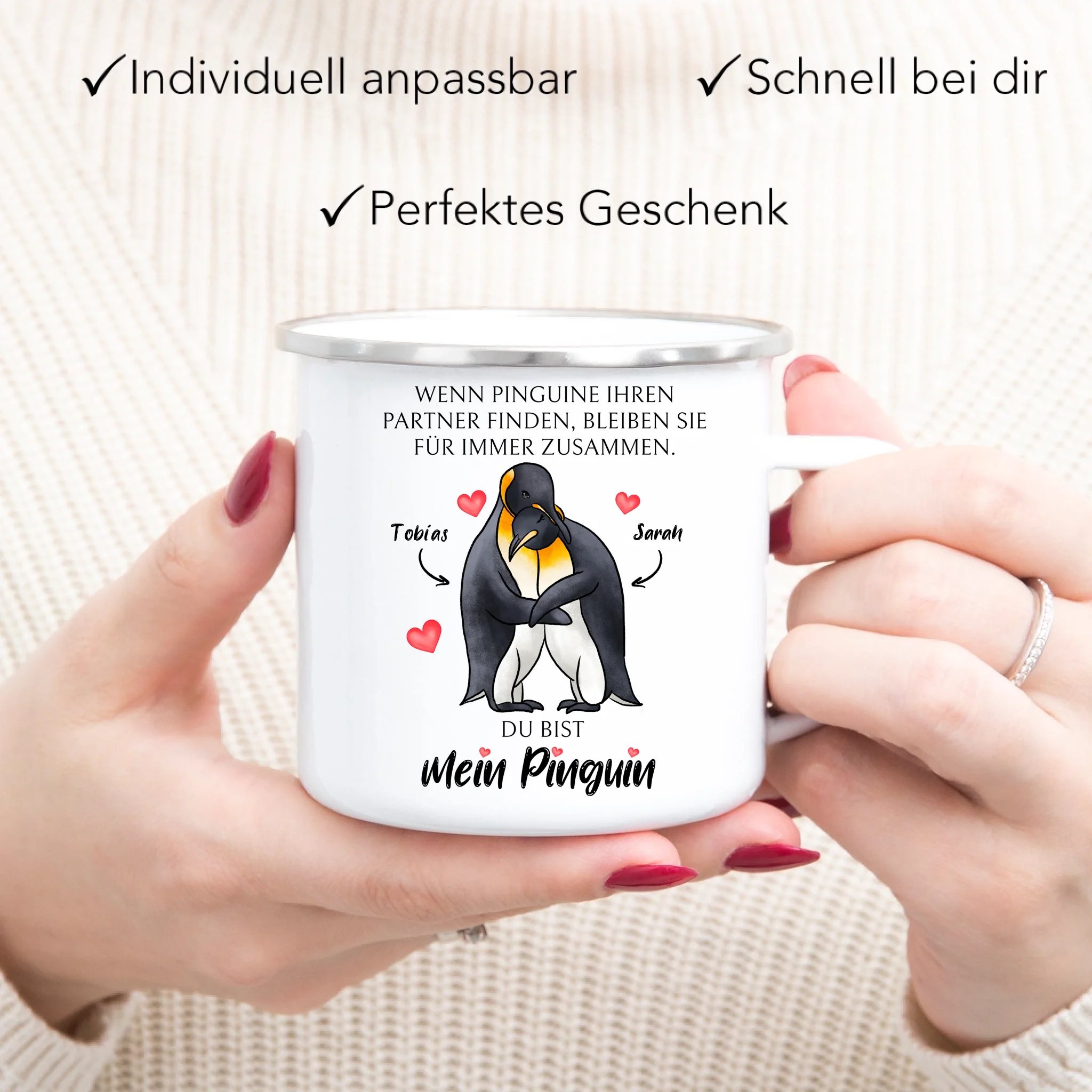 Tasse zum Valentinstag, Personalisiert Geschenk Valentinstag "Wenn Pinguine ihren Partner finden" Geschenk Jahrestag Paar Pärchen - Emaille Tasse