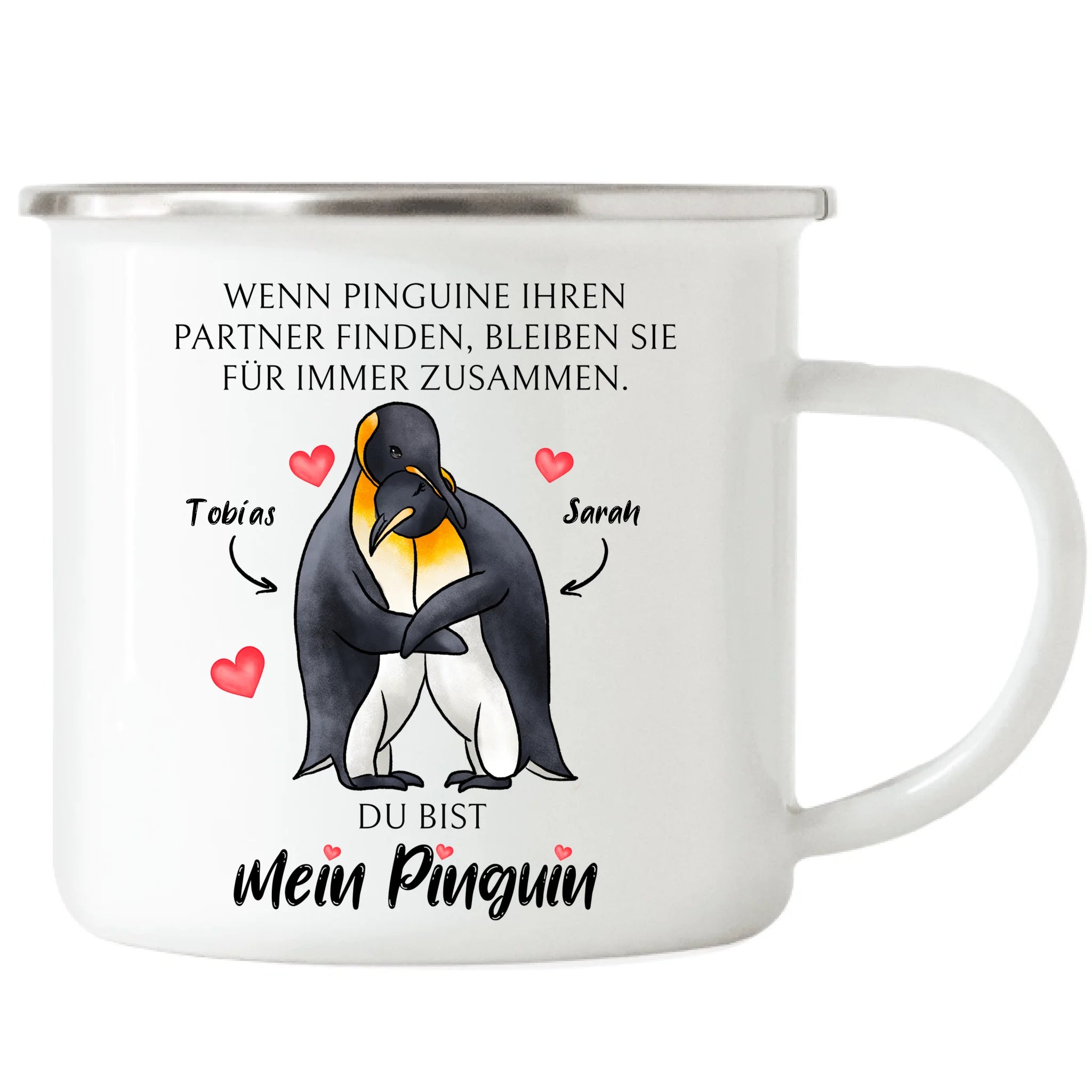Tasse zum Valentinstag, Personalisiert Geschenk Valentinstag "Wenn Pinguine ihren Partner finden" Geschenk Jahrestag Paar Pärchen - Emaille Tasse