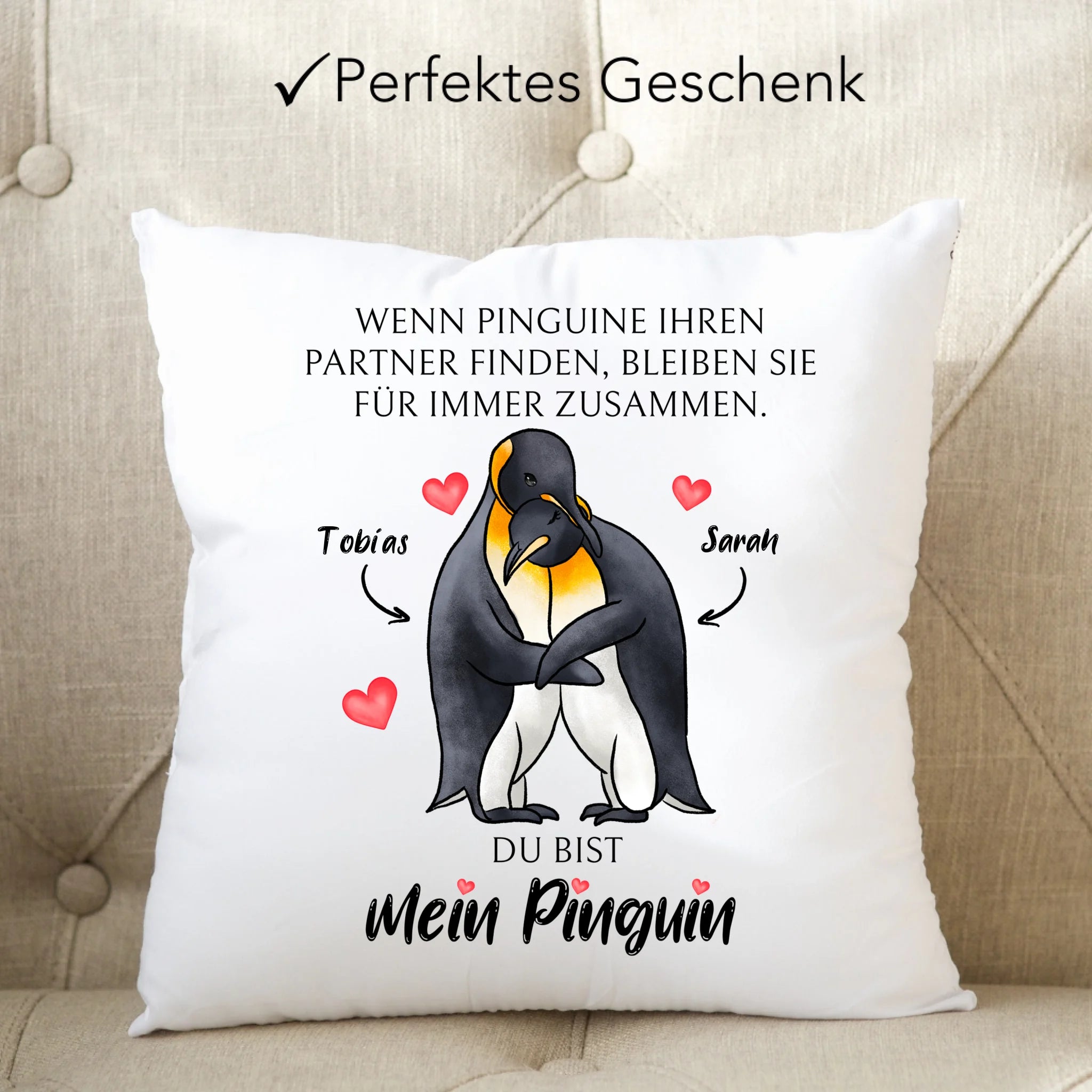 Kissen zum Valentinstag, Personalisiert Geschenk Valentinstag "Wenn Pinguine ihren Partner finden" Geschenk Jahrestag Paar Pärchen - Kissen inkl. Füllung