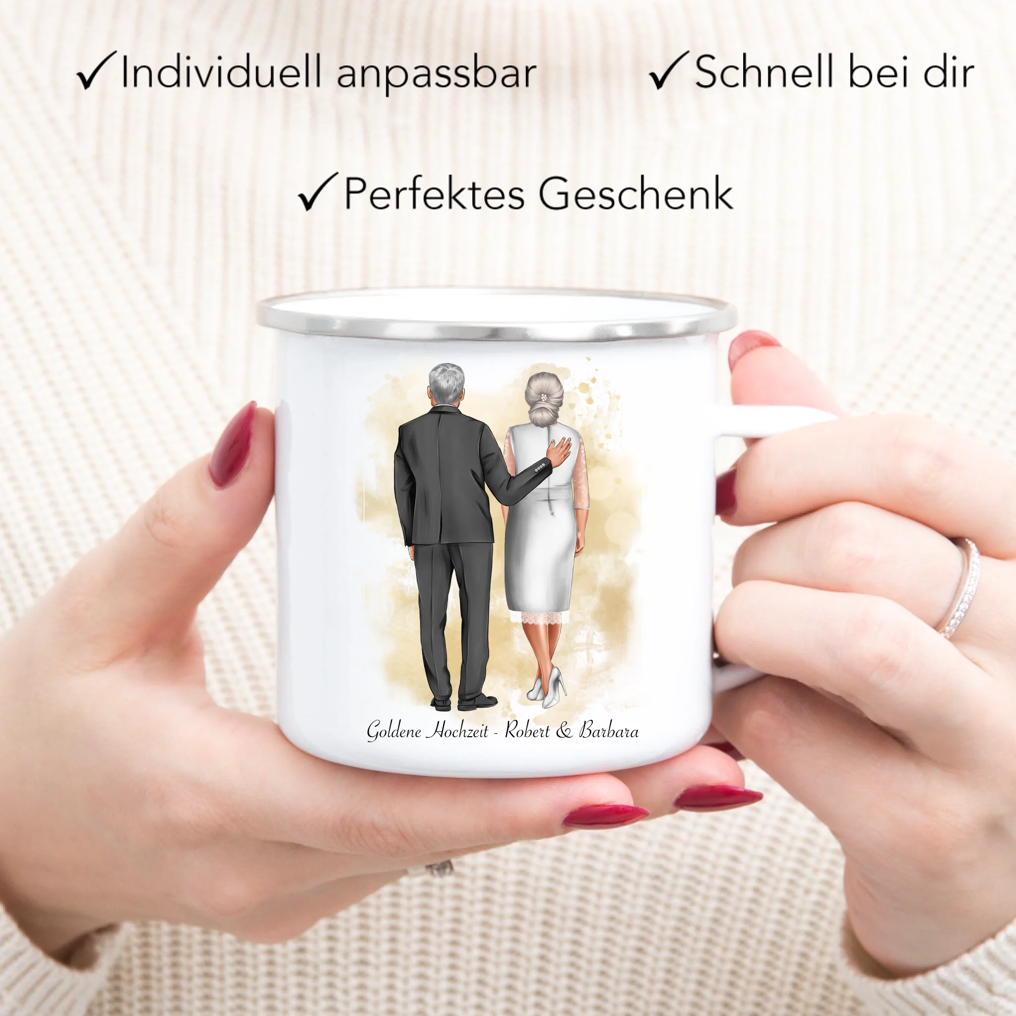 Tasse Personalisiert Goldene Hochzeit Silberne Hochzeit Silberhochzeit Jubiläum Jahrestag Geschenk Hochzeitstag Ehe Pärchen - Emaille Tasse