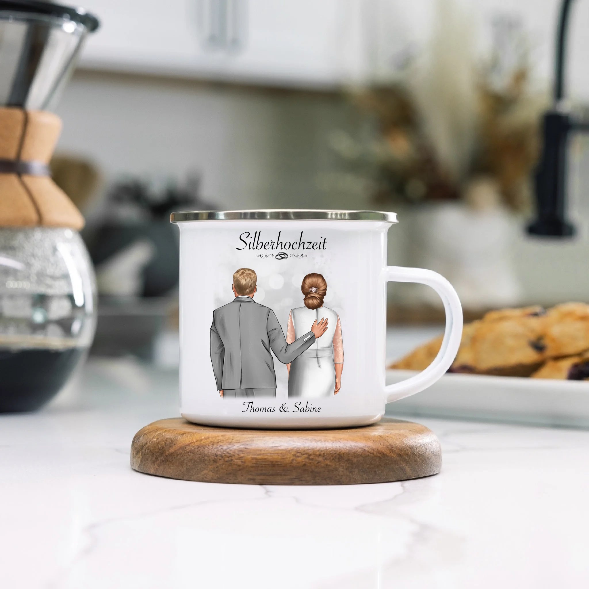 Tasse Silberhochzeit Personalisiert Silberne Hochzeit Bild Geschenk Hochzeitstag 25. Hochzeitstag Jubiläum für Paare - Emaille Tasse
