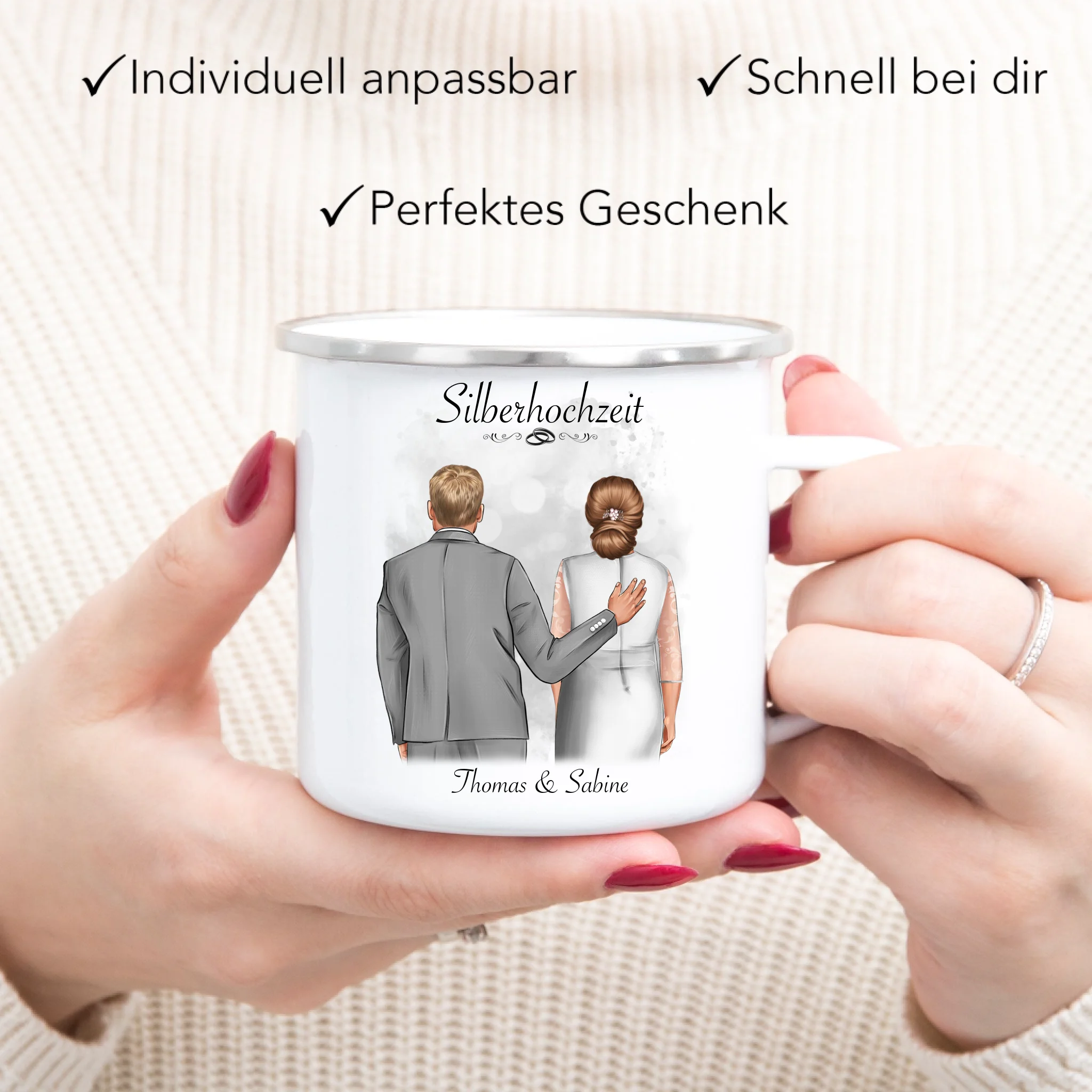 Tasse Silberhochzeit Personalisiert Silberne Hochzeit Bild Geschenk Hochzeitstag 25. Hochzeitstag Jubiläum für Paare - Emaille Tasse