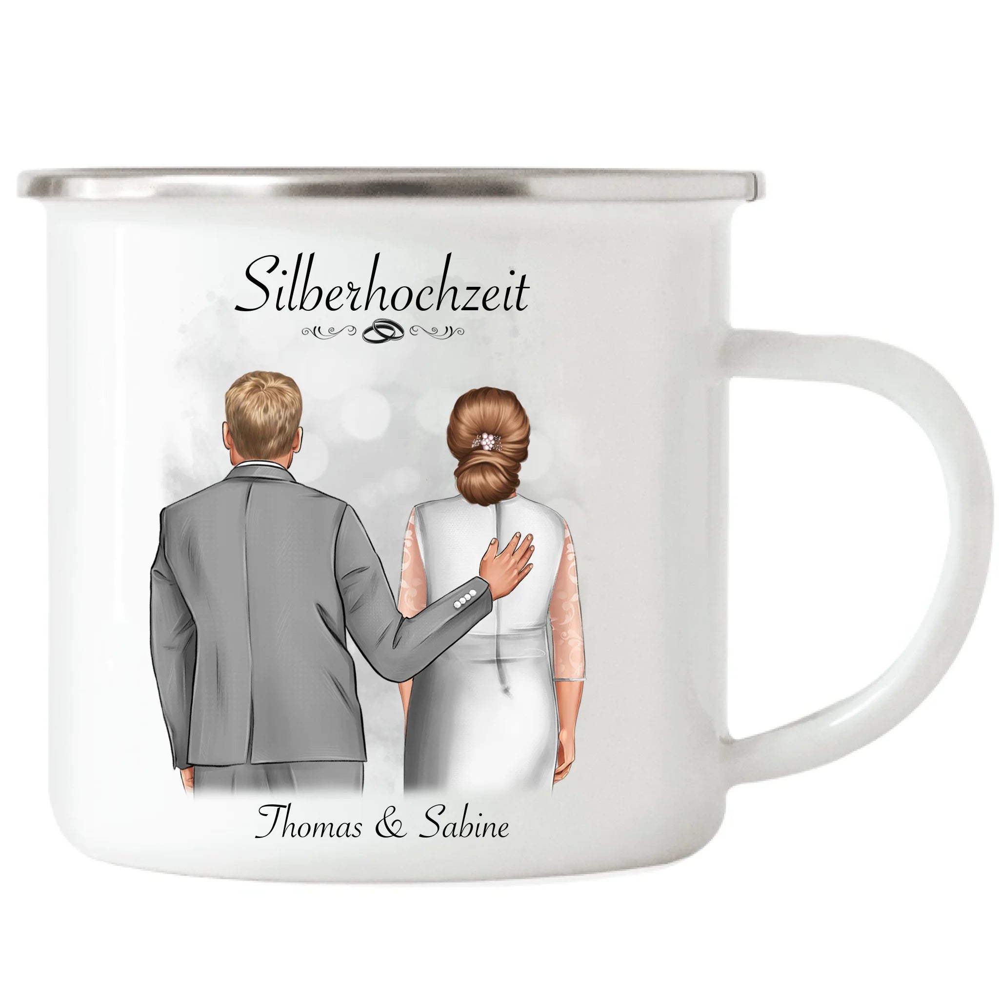 Tasse Silberhochzeit Personalisiert Silberne Hochzeit Bild Geschenk Hochzeitstag 25. Hochzeitstag Jubiläum für Paare - Emaille Tasse