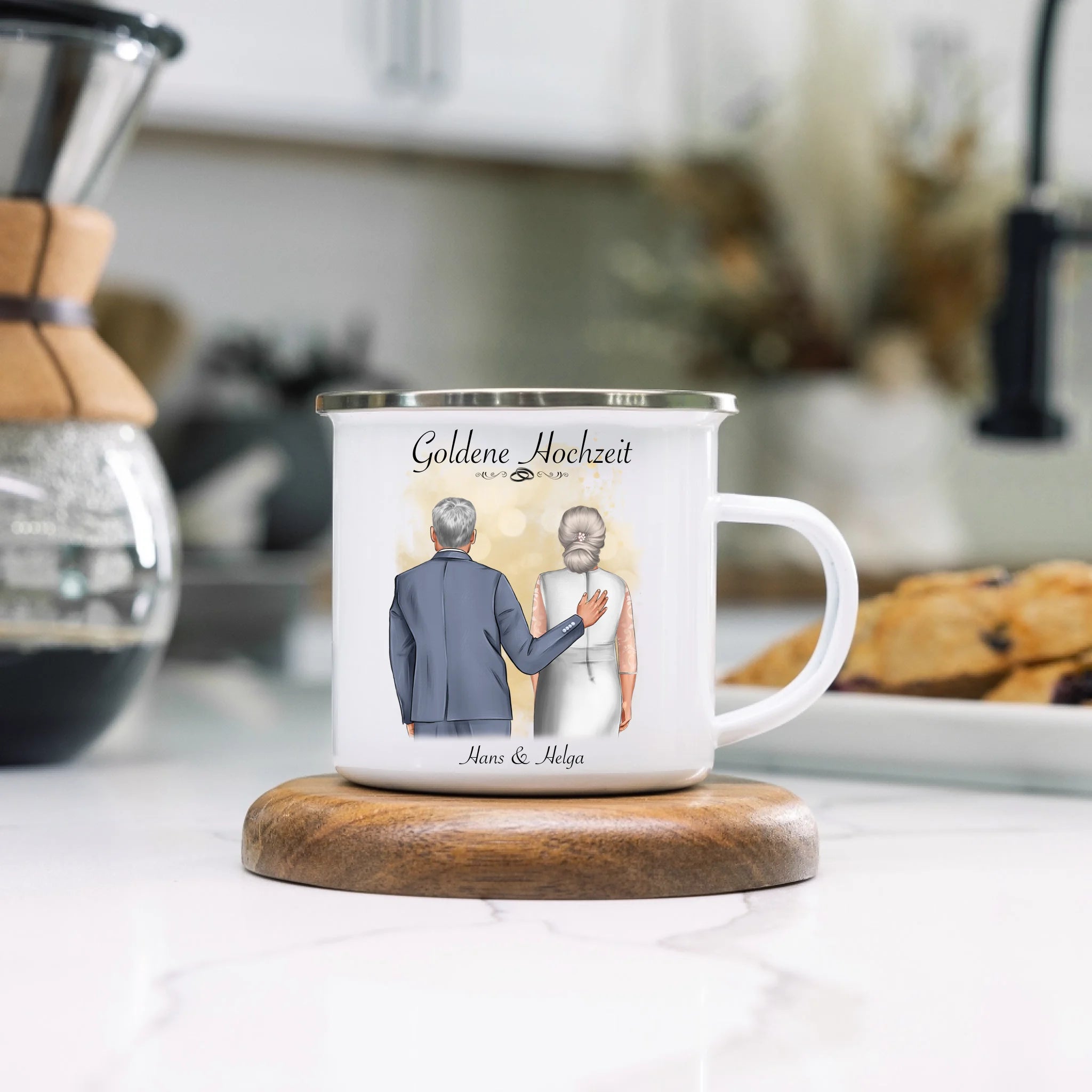 Tasse Goldene Hochzeit Personalisiert Goldhochzeit Bild Geschenk Hochzeitstag 50. Hochzeitstag Jubiläum für Paare - Emaille Tasse