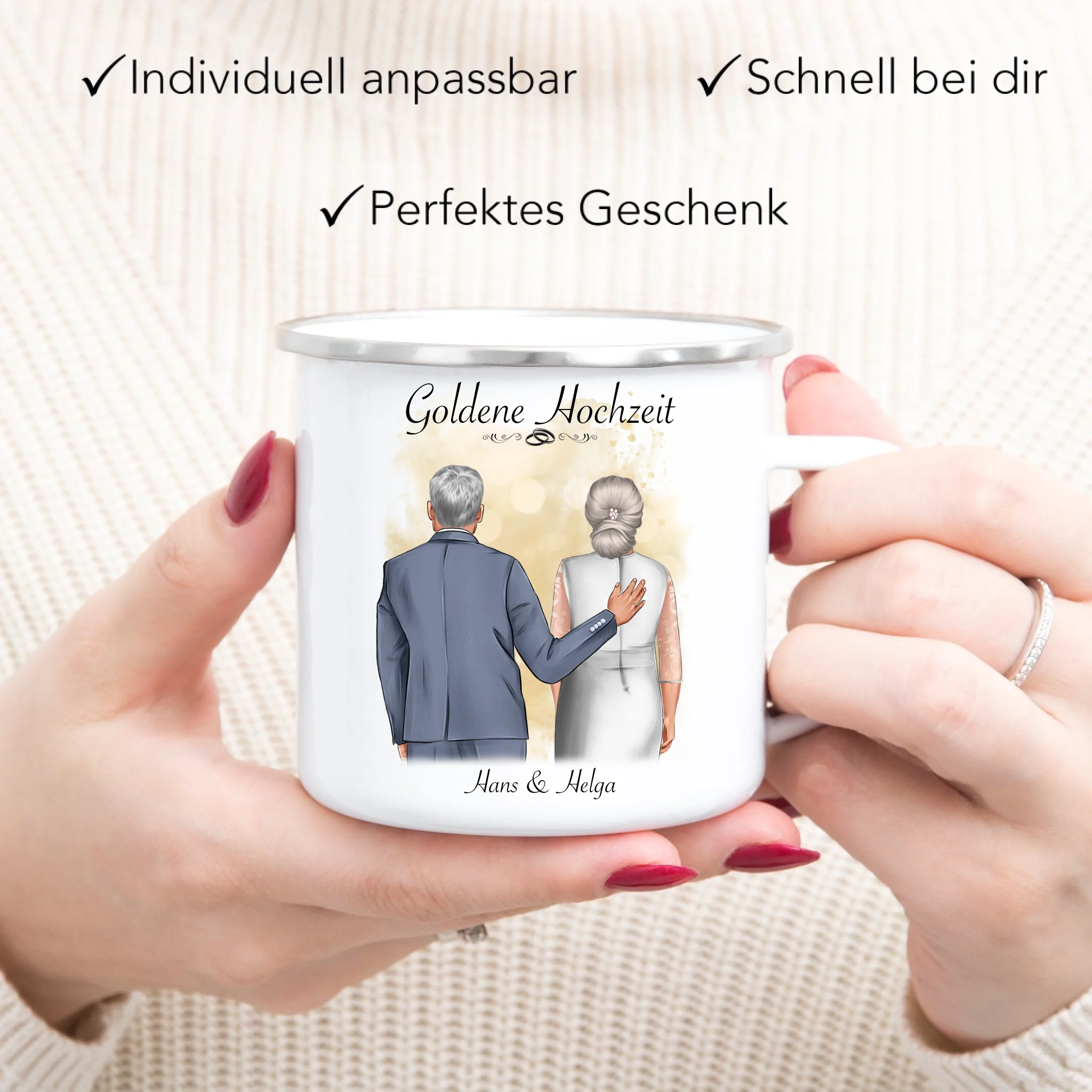 Tasse Goldene Hochzeit Personalisiert Goldhochzeit Bild Geschenk Hochzeitstag 50. Hochzeitstag Jubiläum für Paare - Emaille Tasse