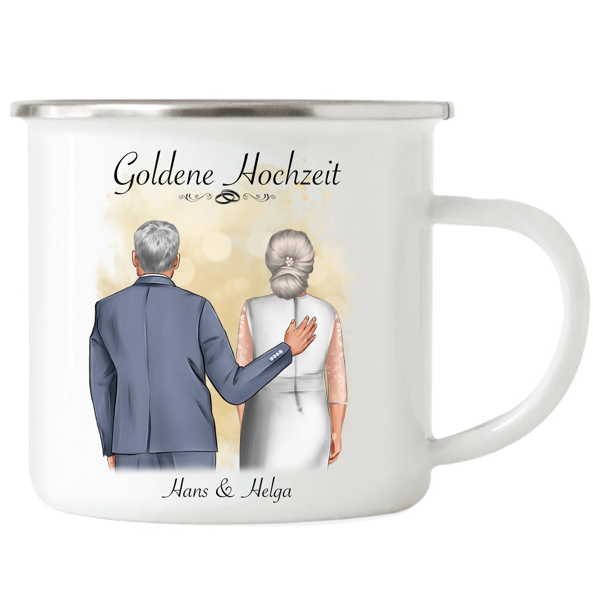 Tasse Goldene Hochzeit Personalisiert Goldhochzeit Bild Geschenk Hochzeitstag 50. Hochzeitstag Jubiläum für Paare - Emaille Tasse