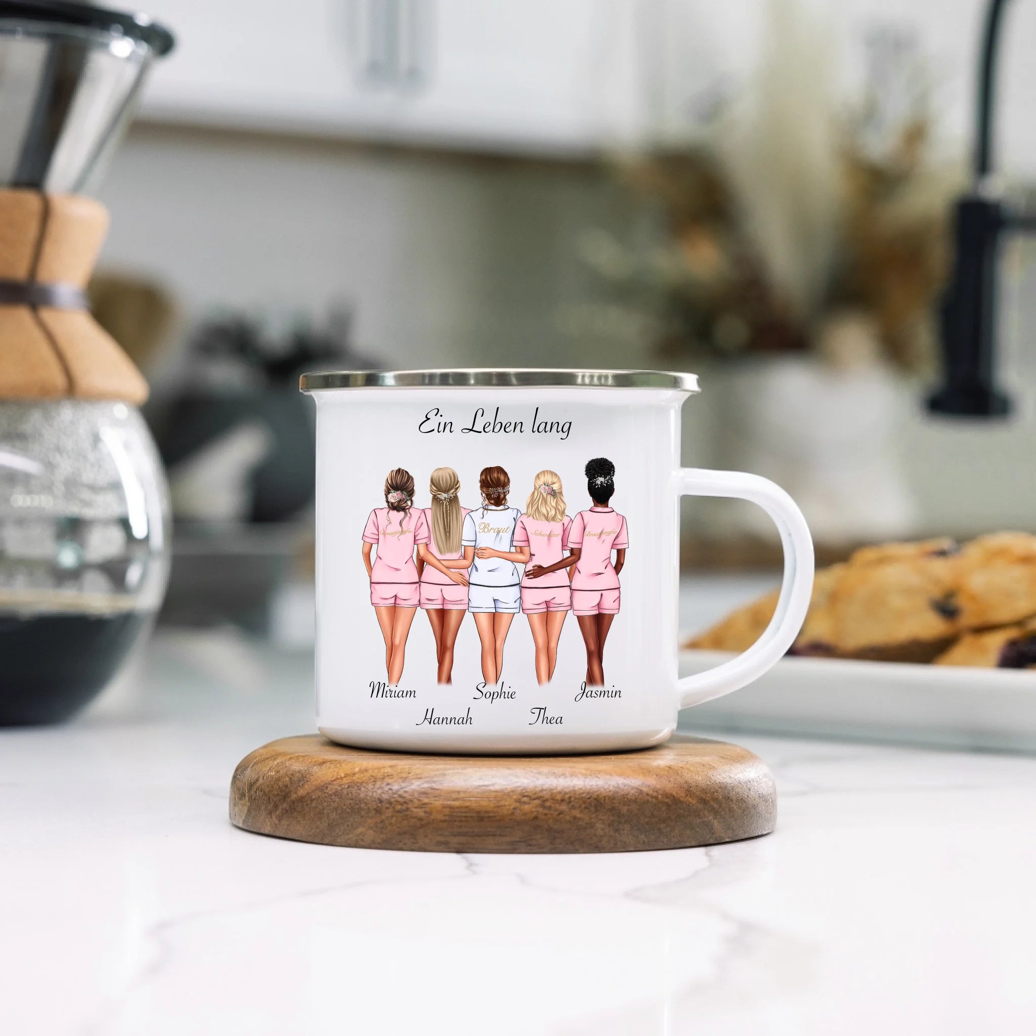 Tasse Brautjungfer Personalisiert Name Braut & 4 Trauzeuginnen, Frage & Danke-Geschenk für Freundinnen Brautjungfern & Brautparty - Emaille Tasse