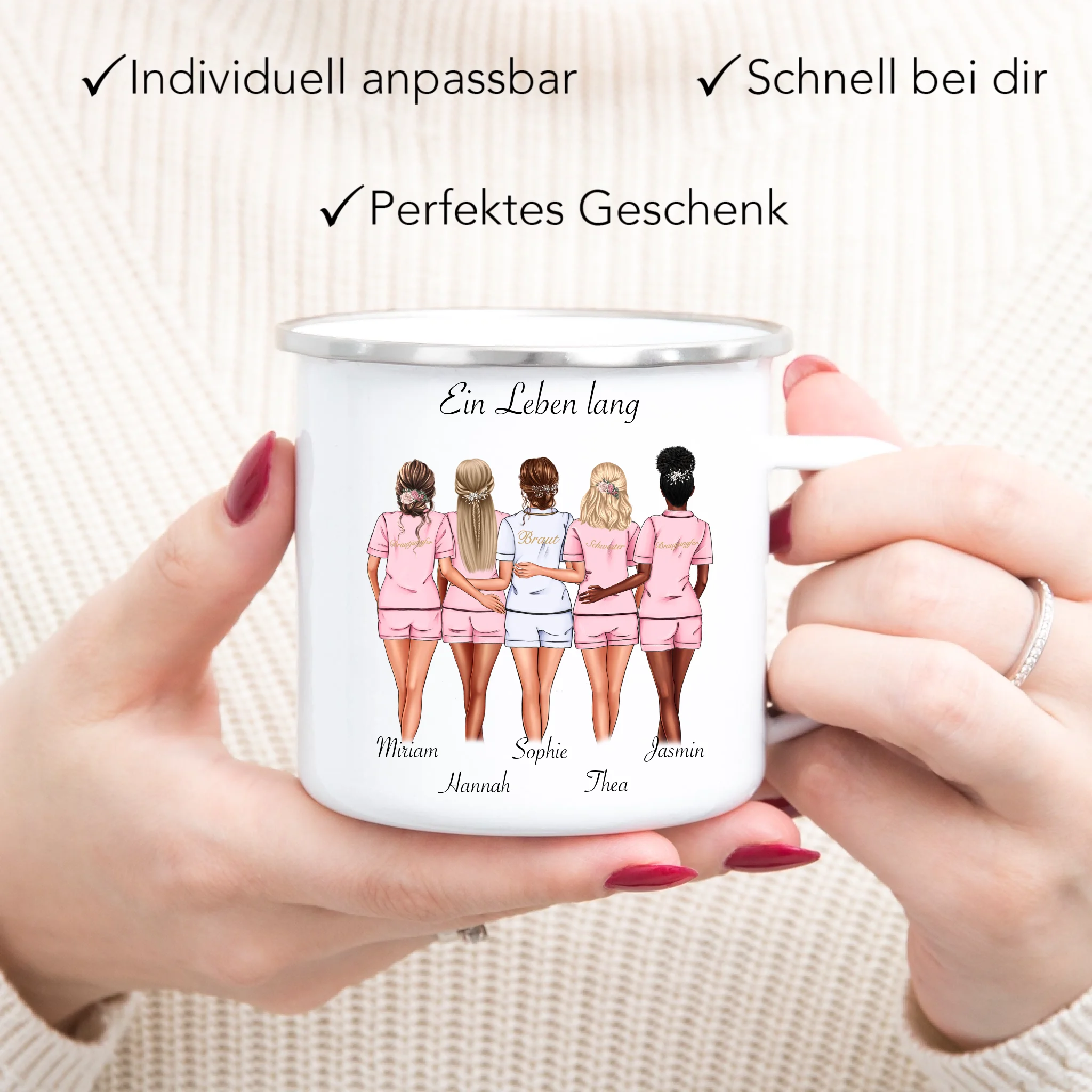 Tasse Brautjungfer Personalisiert Name Braut & 4 Trauzeuginnen, Frage & Danke-Geschenk für Freundinnen Brautjungfern & Brautparty - Emaille Tasse