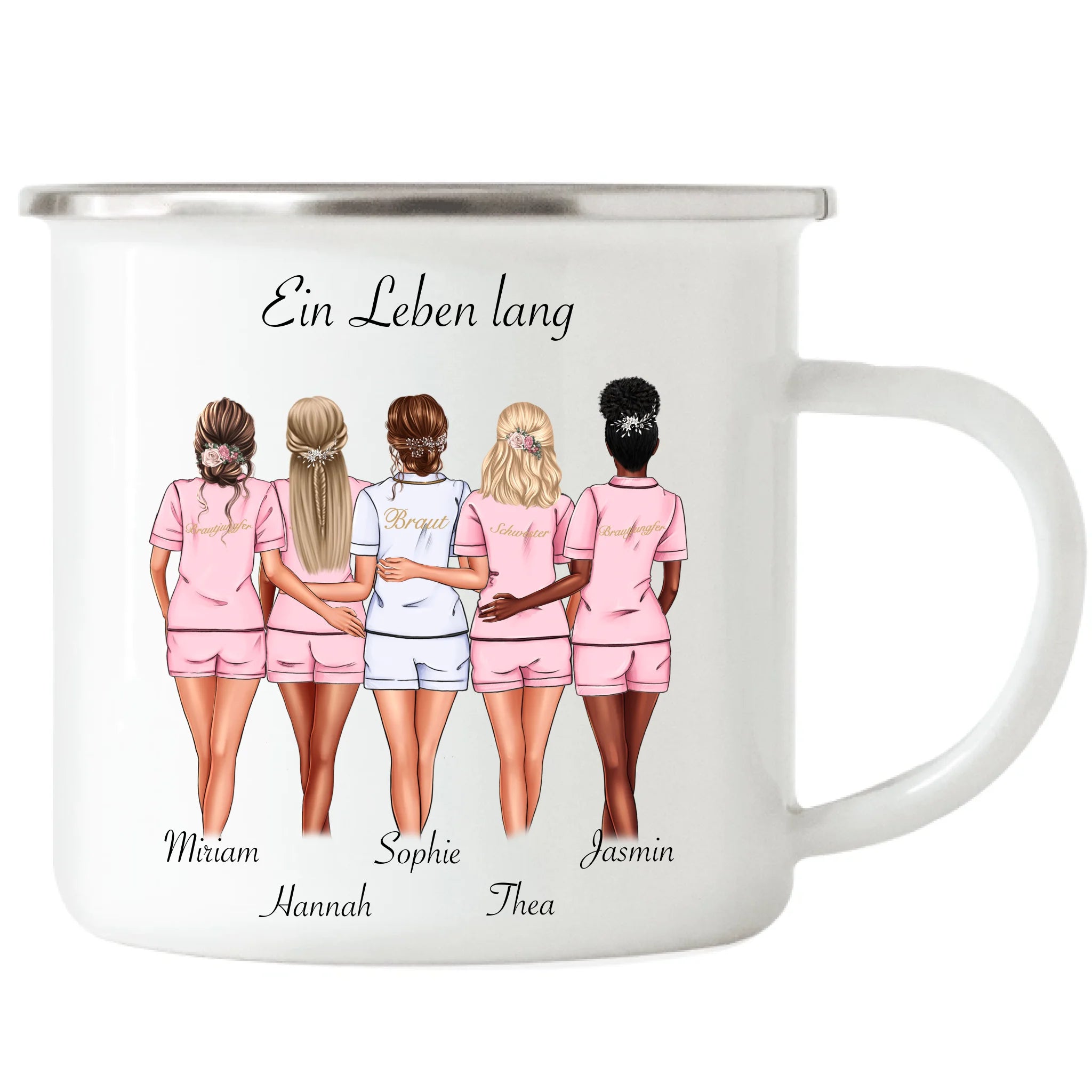 Tasse Brautjungfer Personalisiert Name Braut & 4 Trauzeuginnen, Frage & Danke-Geschenk für Freundinnen Brautjungfern & Brautparty - Emaille Tasse